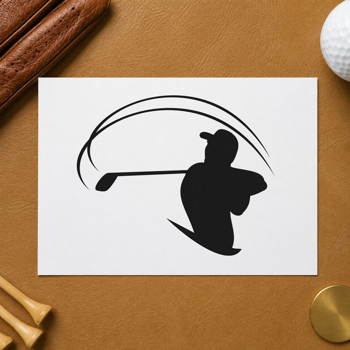 Golfer With Sweeping Arc craft stamp imprint in black ink on a handmade project, one idea being band set gift tags.