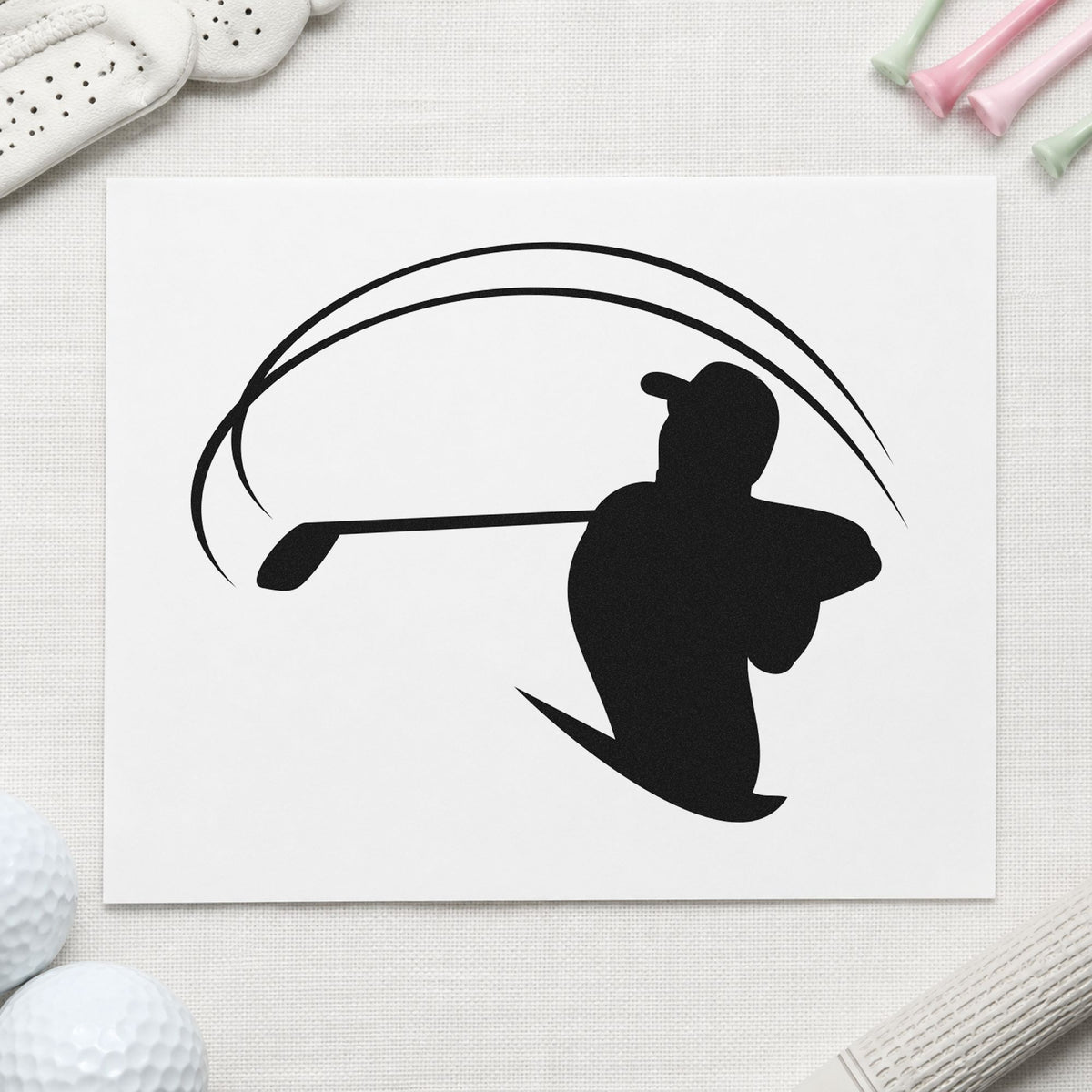 Golfer With Sweeping Arc rubber stamp printed in black ink, ready for block program sheet and similar paper crafts.