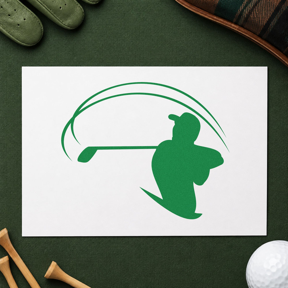 Golfer With Sweeping Arc craft stamp imprint in green ink on a handmade project, one idea being session log cards.
