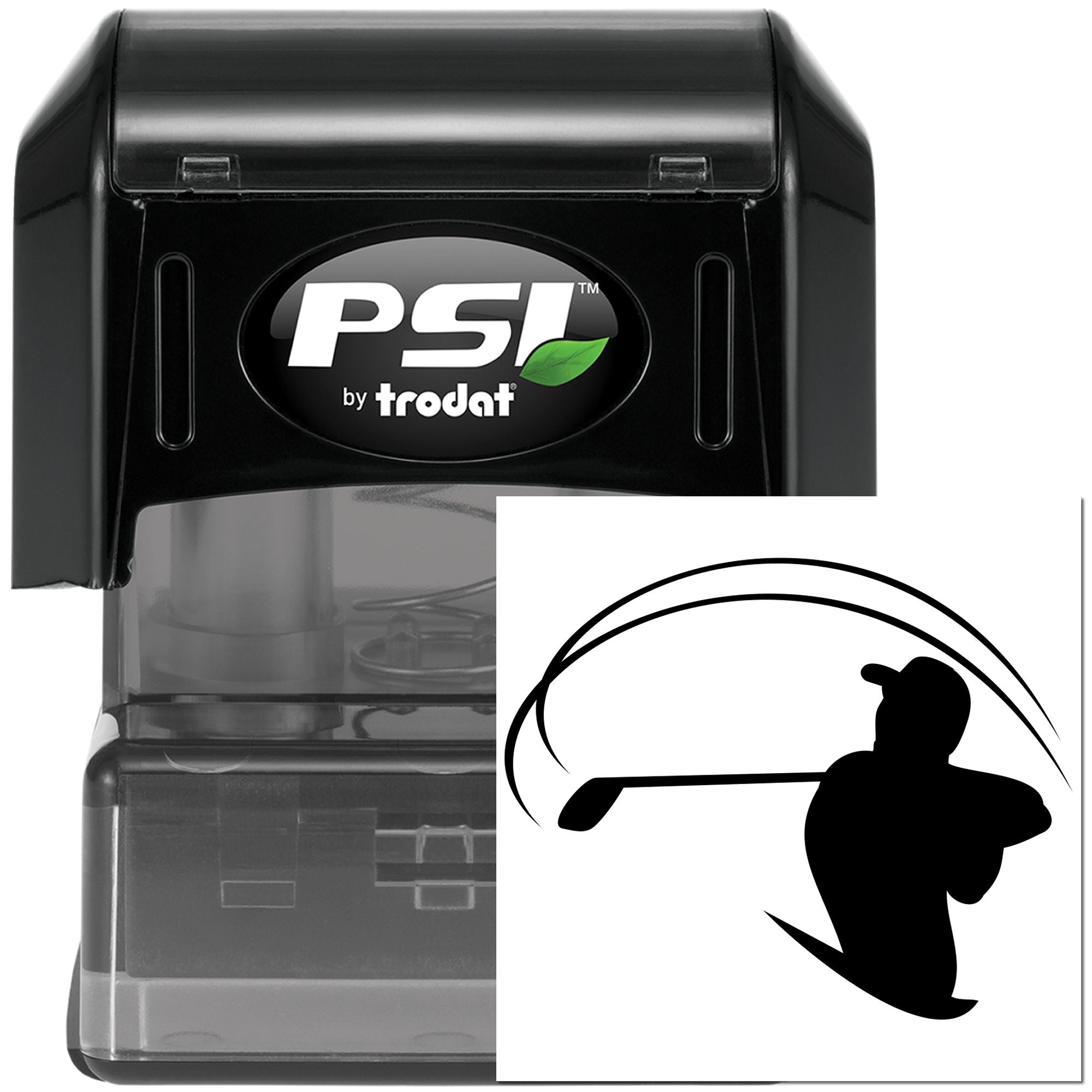 PSI by Trodat self-inking rubber stamp with golfer silhouette, perfect for custom sports branding and business marking