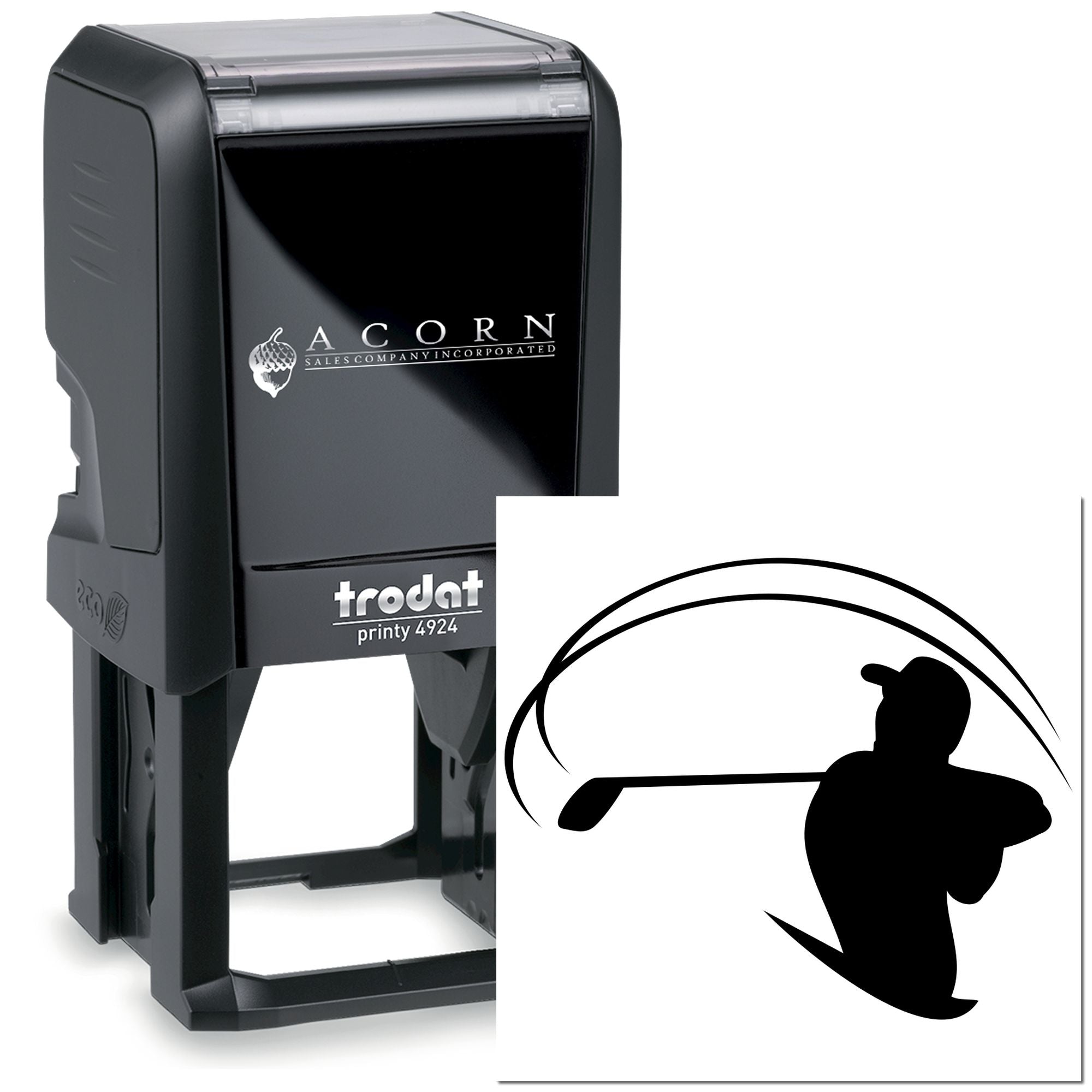 Trodat Printy 4924 self-inking custom rubber stamp with golf silhouette logo, ideal for business branding and office use.