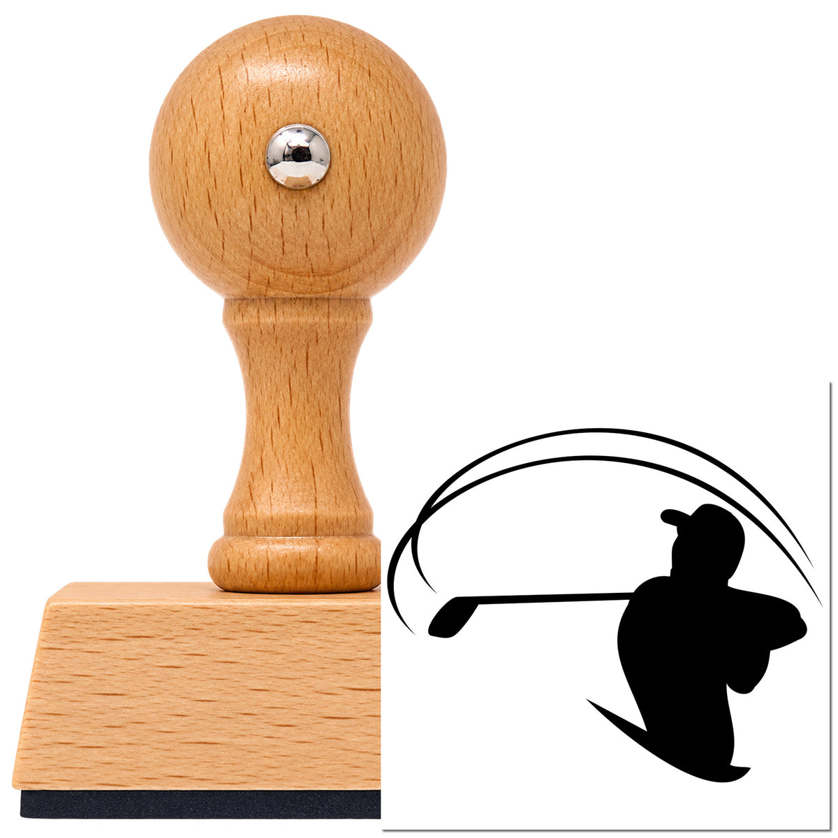 Golfer With Sweeping Arc Vintage Pro rubber stamp in European beech wood with a round knob handle, shown beside its black imprint.
