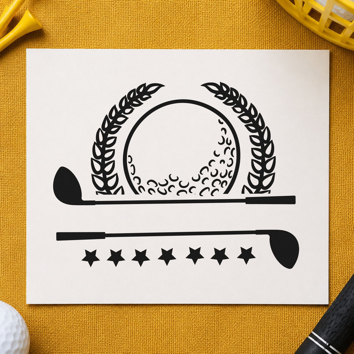 Golf Laurel Stars Banner craft stamp imprint in black ink on a handmade project, one idea being team bag gift tags.