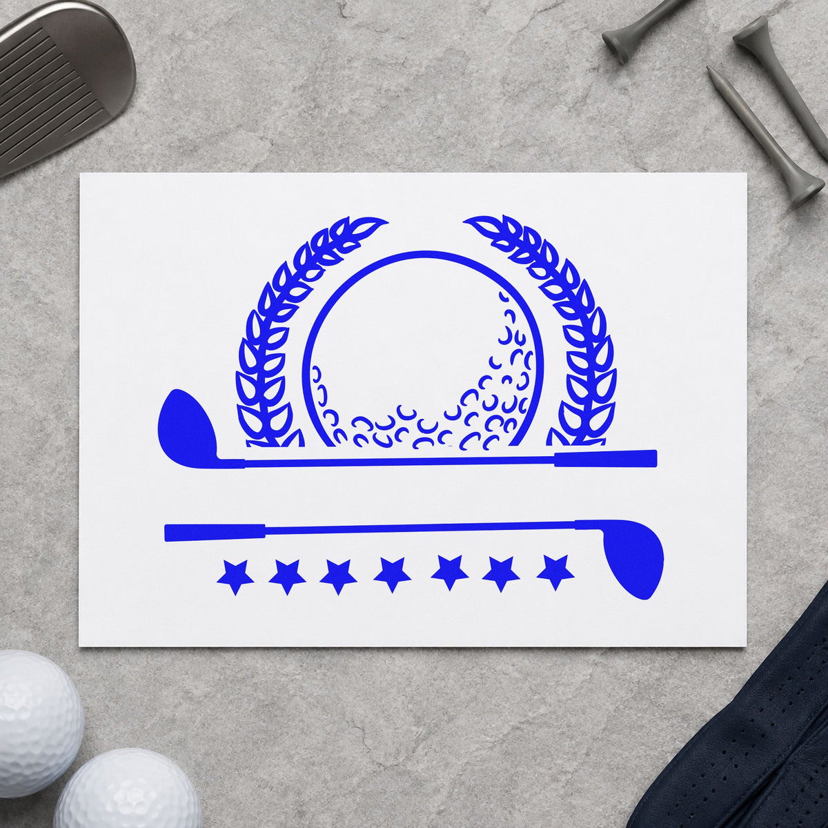 Golf Laurel Stars Banner craft stamp in blue ink on cardstock, an easy option for team polo printing.