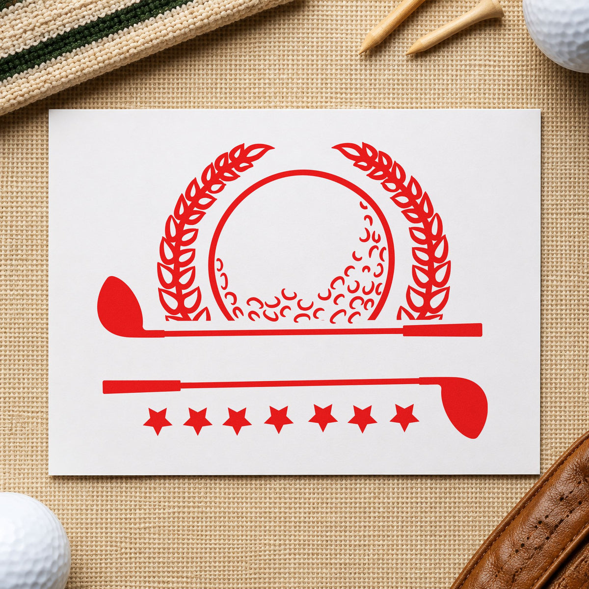 Golf Laurel Stars Banner rubber stamp shown in red ink, stamped for projects such as bin club labels.