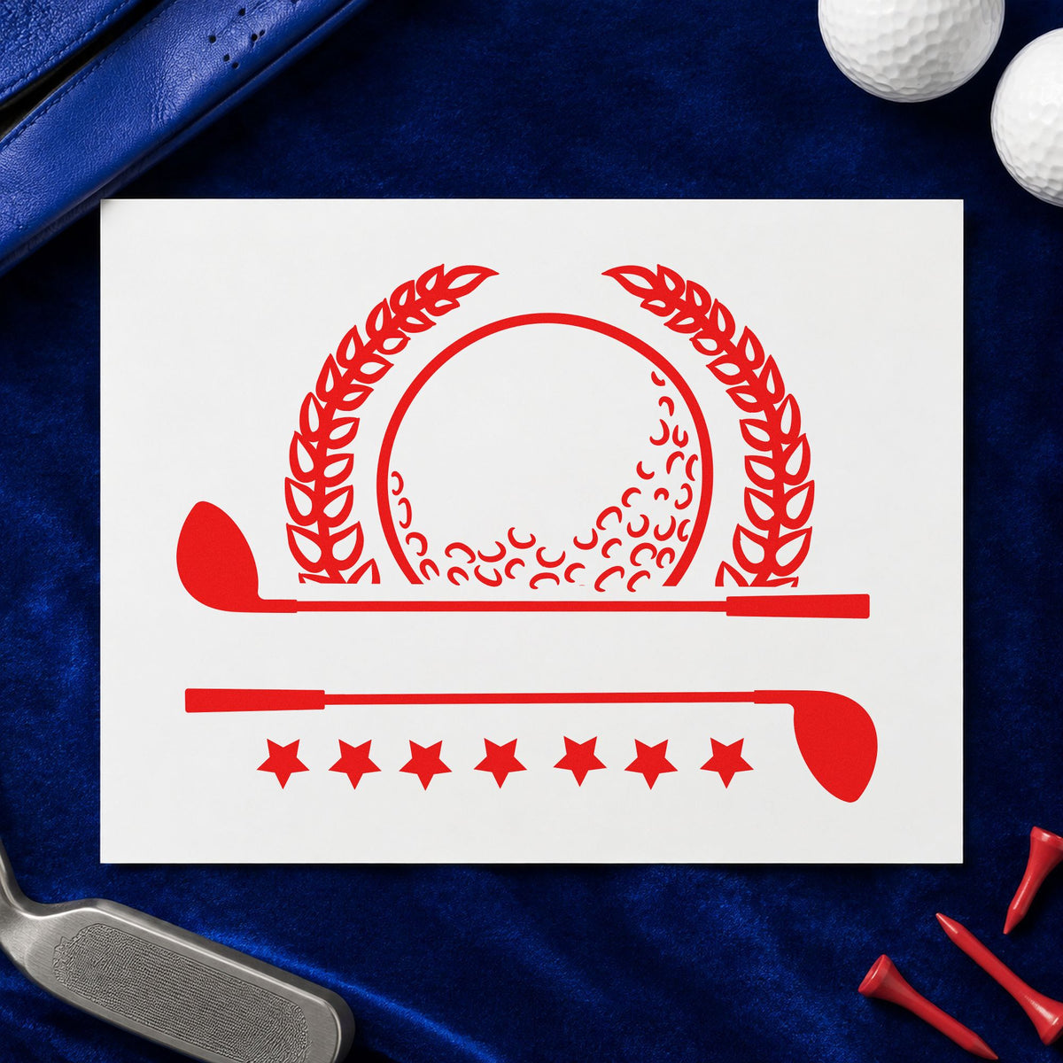 Golf Laurel Stars Banner craft stamp imprint in red ink on a handmade project, one idea being pairing plan cards.