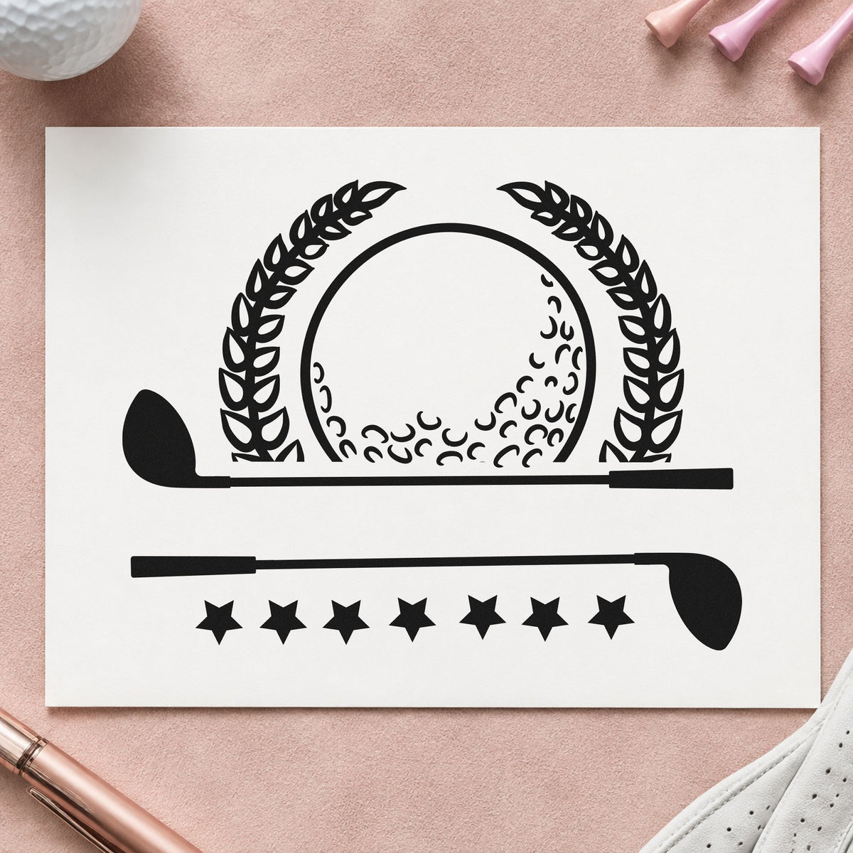 Golf Laurel Stars Banner rubber stamp printed in black ink, ready for laurel star cards and similar paper crafts.
