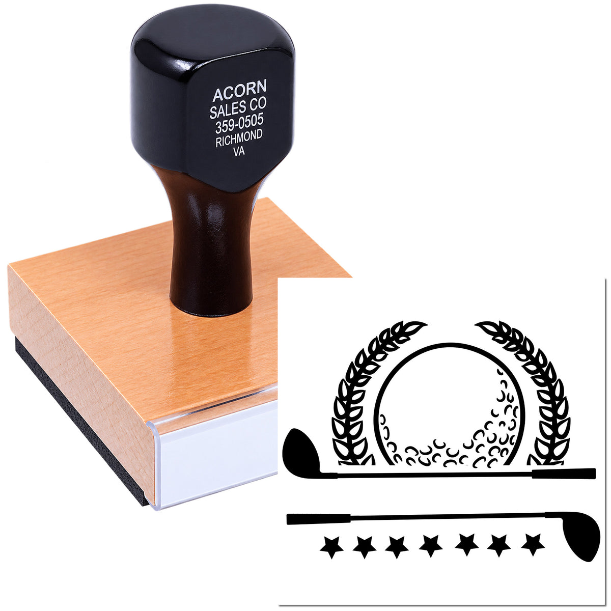 Custom golf rubber stamp with club and stars design, shown with self-inking stamp impression.