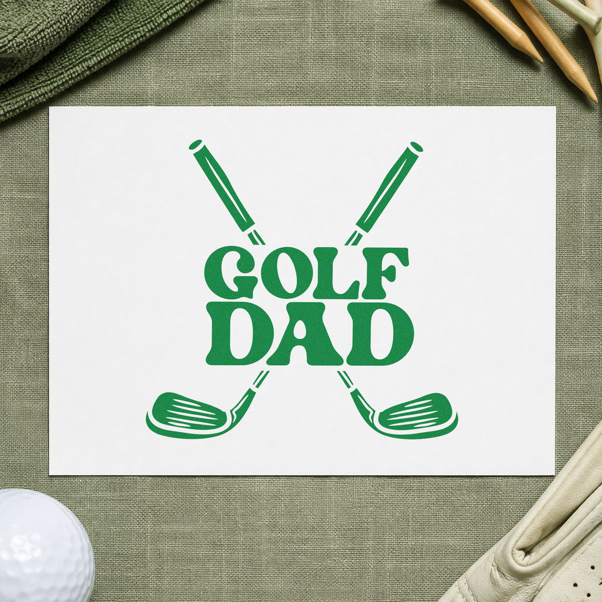 Golf Dad Crossed Clubs craft stamp in green ink on cardstock, an easy option for sim build album page.