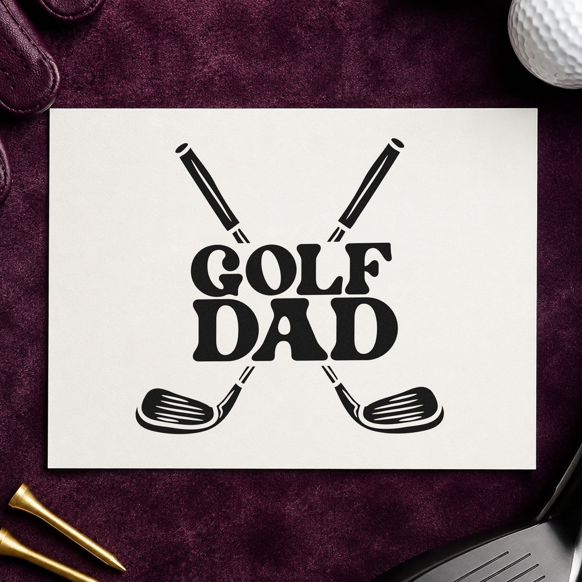 Golf Dad Crossed Clubs craft stamp imprint in black ink on a handmade project, one idea being part box gift tags.
