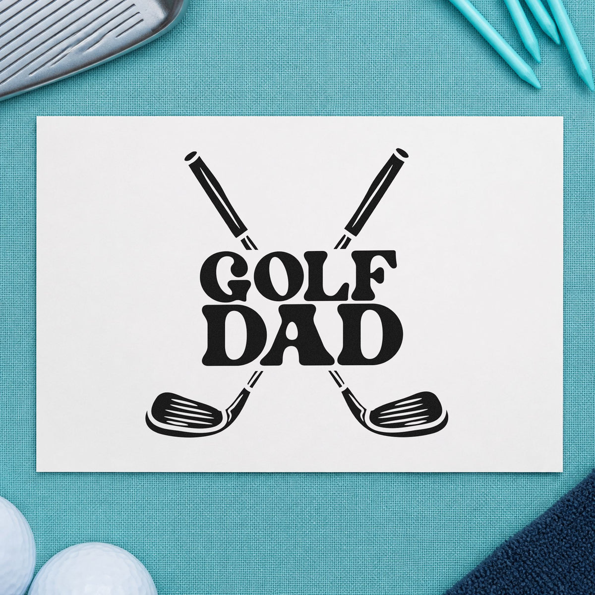Golf Dad Crossed Clubs rubber stamp printed in black ink, ready for build stage sheet and similar paper crafts.