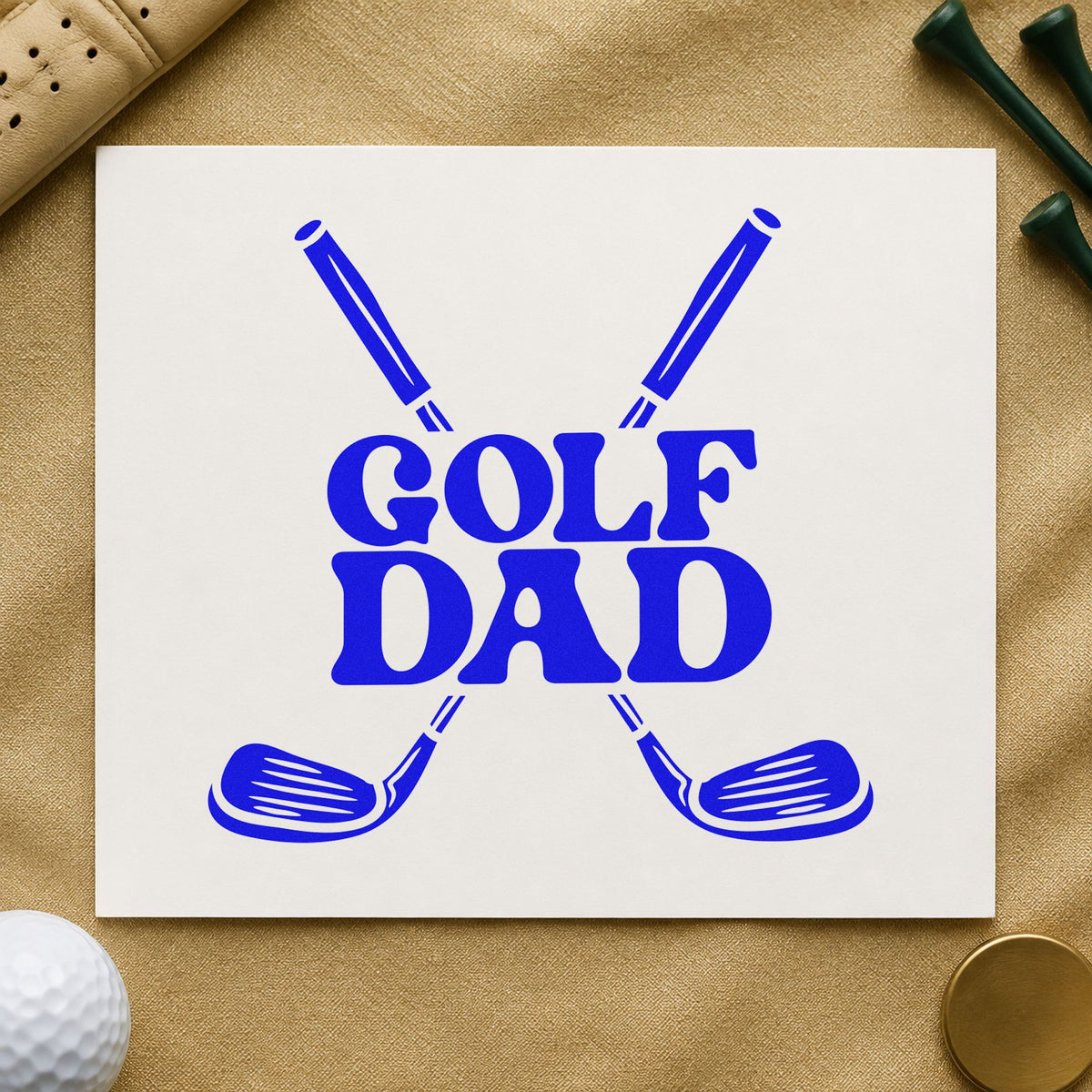Golf Dad Crossed Clubs craft stamp in blue ink on cardstock, an easy option for hitting mat printing.