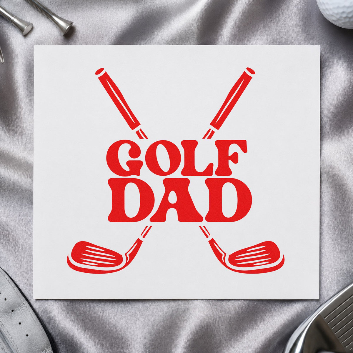 Golf Dad Crossed Clubs rubber stamp shown in red ink, stamped for projects such as bin cable labels.