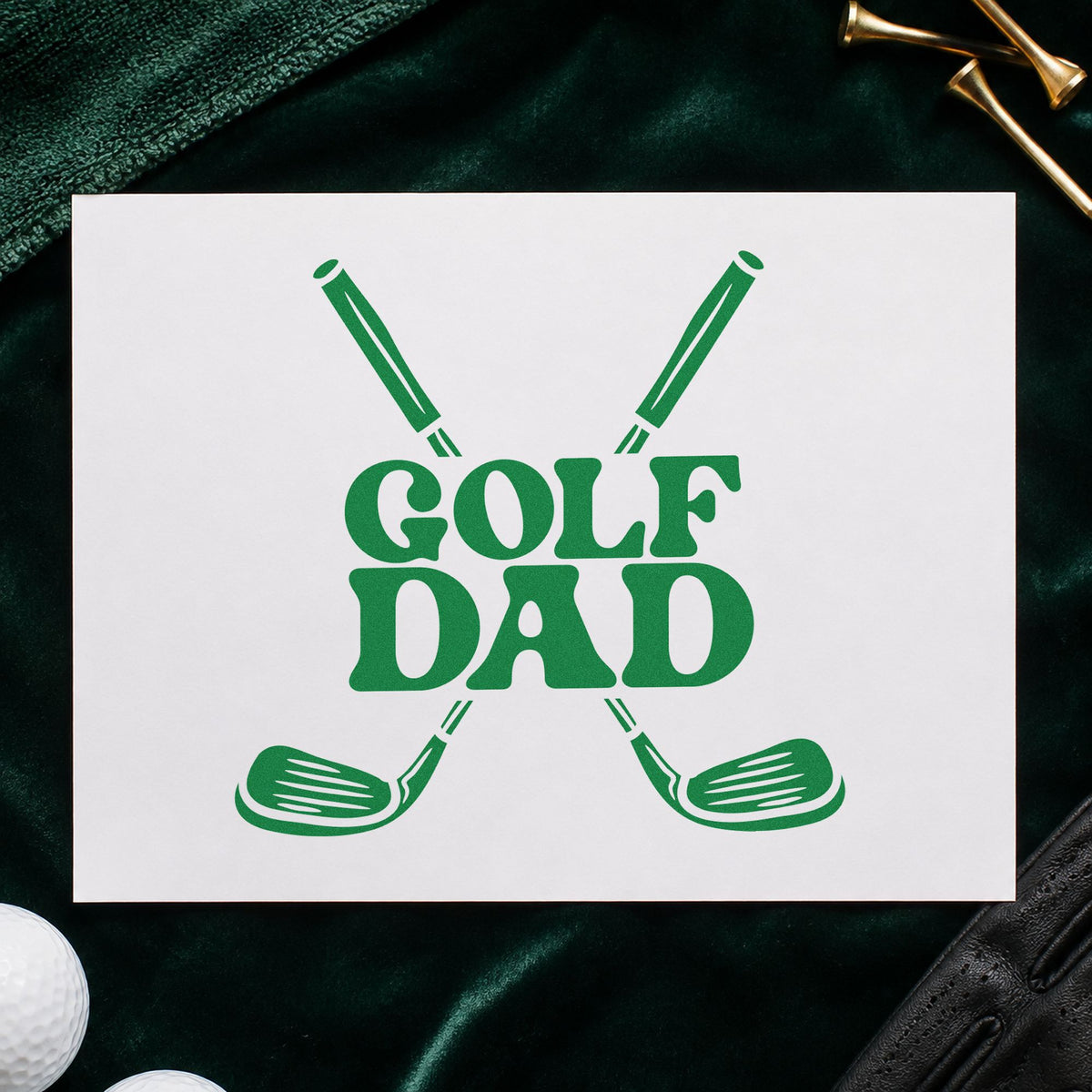 Golf Dad Crossed Clubs craft stamp imprint in green ink on a handmade project, one idea being session log cards.
