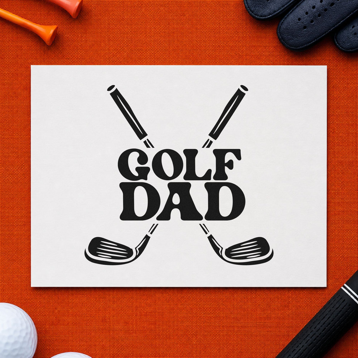 Golf Dad Crossed Clubs rubber stamp printed in black ink, ready for crossed club cards and similar paper crafts.