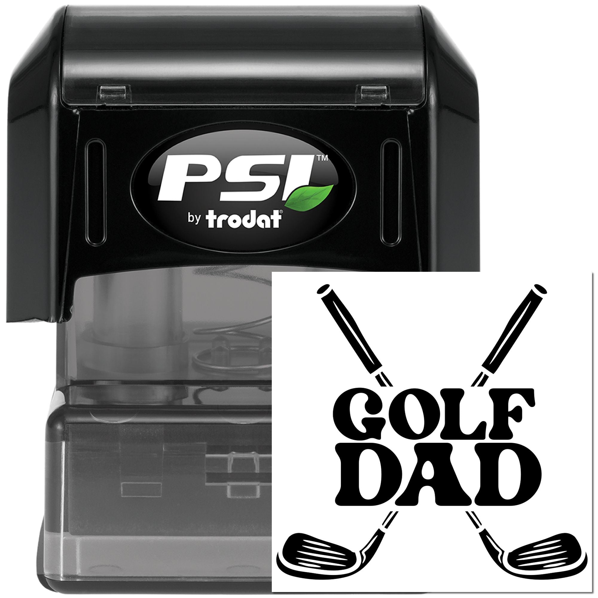 Golf Dad self-inking rubber stamp by PSI by Trodat, featuring crossed golf clubs for custom golf-themed impressions.