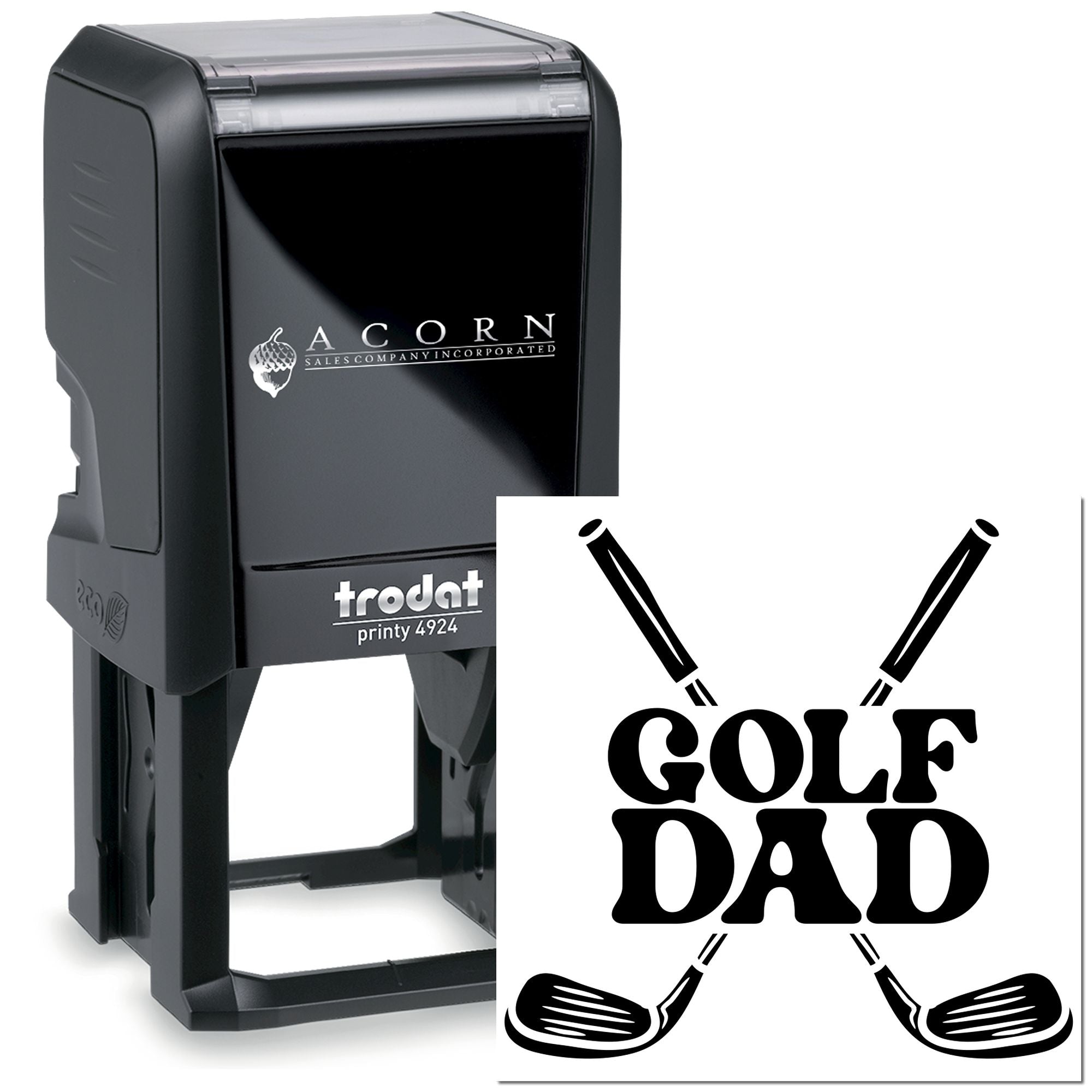 Custom self-inking rubber stamp with Golf Dad design, ideal for personalized golf-themed stamping and gifts.