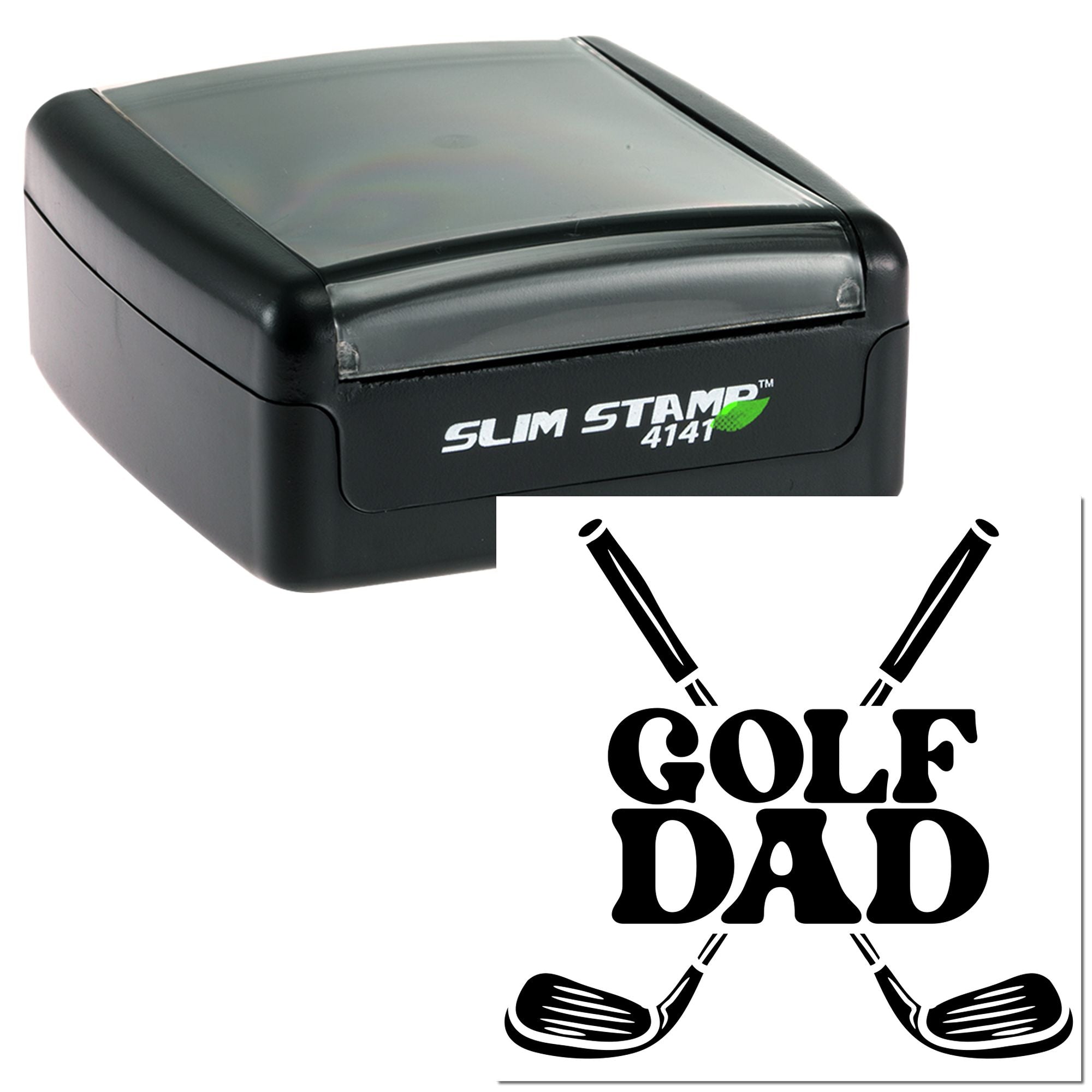 Slim self-inking rubber stamp with Golf Dad design, perfect for custom golf-themed crafting, gifts, and business branding.