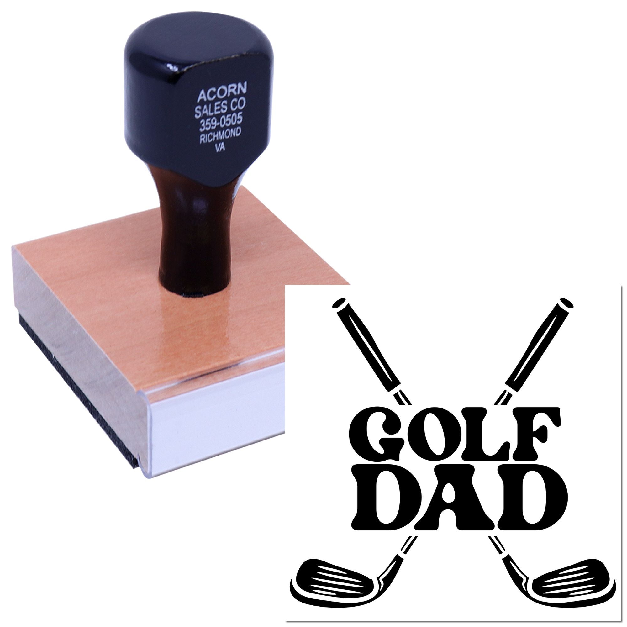 Custom rubber stamp with Golf Dad design and crossed clubs for personalized crafts and gifts.