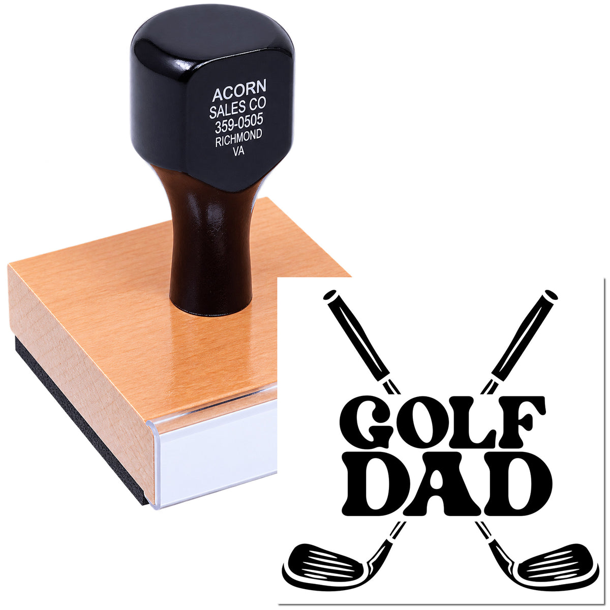 Custom rubber stamp with Golf Dad design and crossed clubs for personalized crafts and gifts.