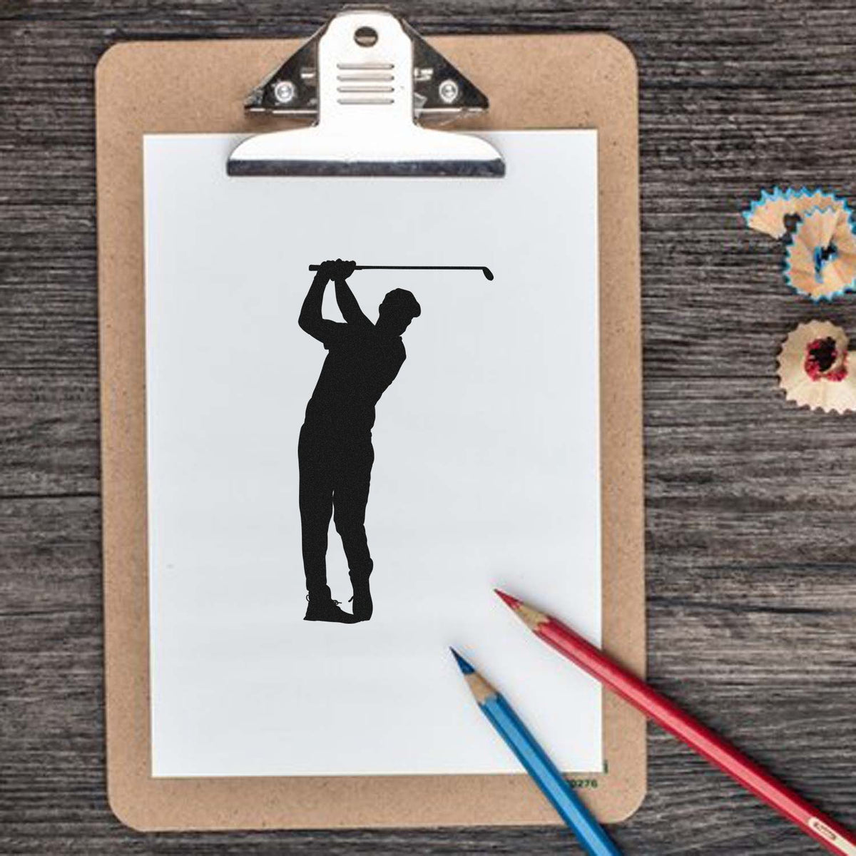 Overhead Club Golf Swing Premium Wooden Stamp - Vintage Pro imprint stamped in black ink. A standing golfer silhouette holds a club overhead at the end of a swing.