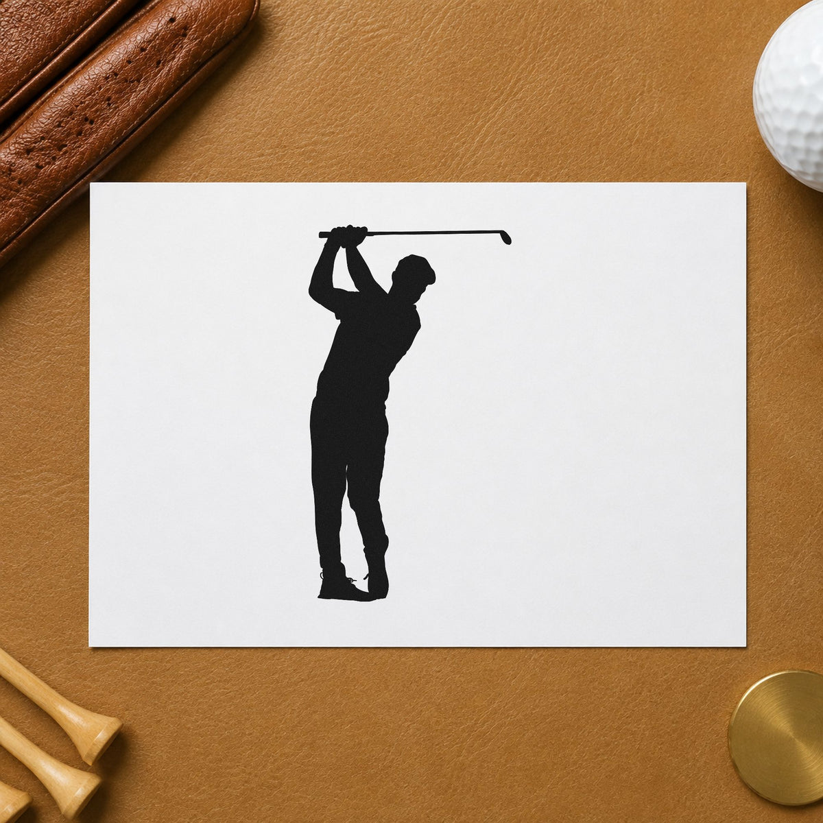 Golfer Overhead Swing Silhouette craft stamp imprint in black ink on a handmade project, one idea being prize fund gift tags.