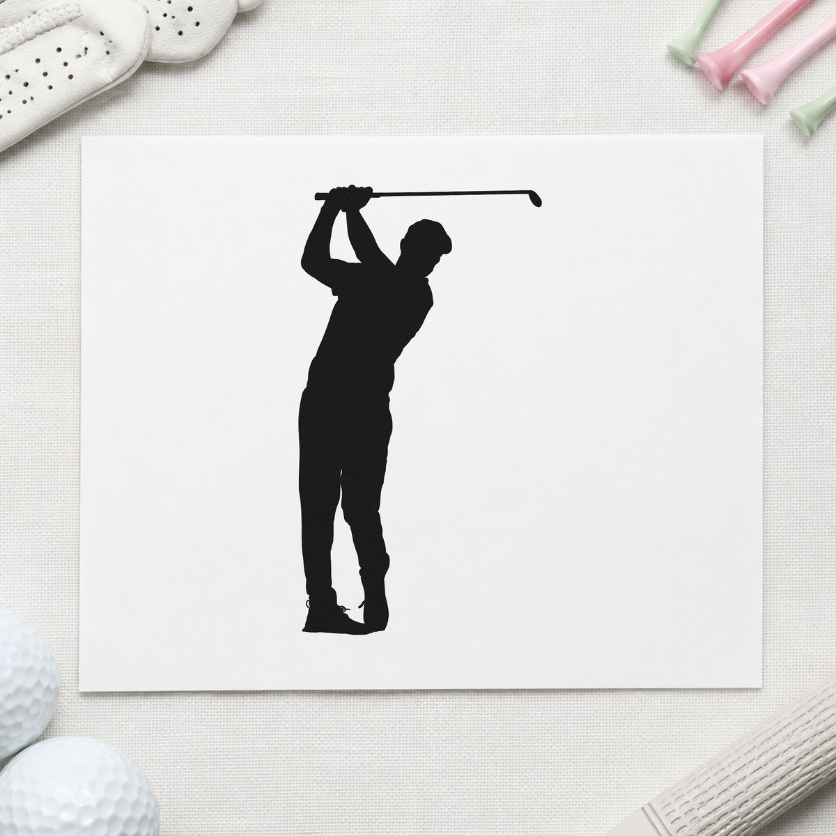 Golfer Overhead Swing Silhouette rubber stamp printed in black ink, ready for weekly result sheet and similar paper crafts.