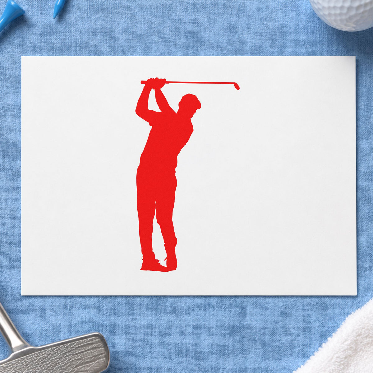 Golfer Overhead Swing Silhouette rubber stamp shown in red ink, stamped for projects such as bin marker labels.
