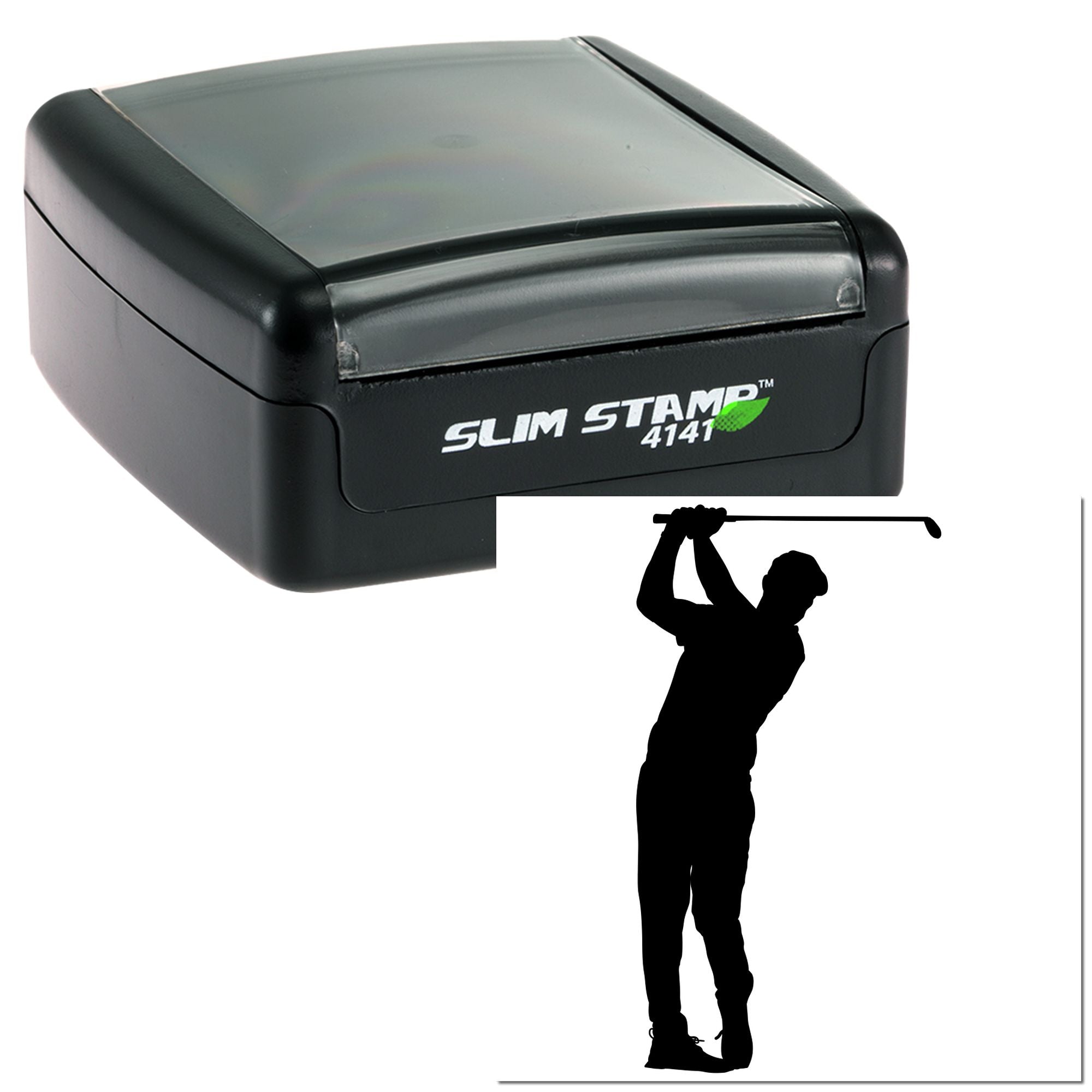 Slim Stamp 4141 self-inking rubber stamp with custom golfer silhouette design for golf club branding or personalized marking