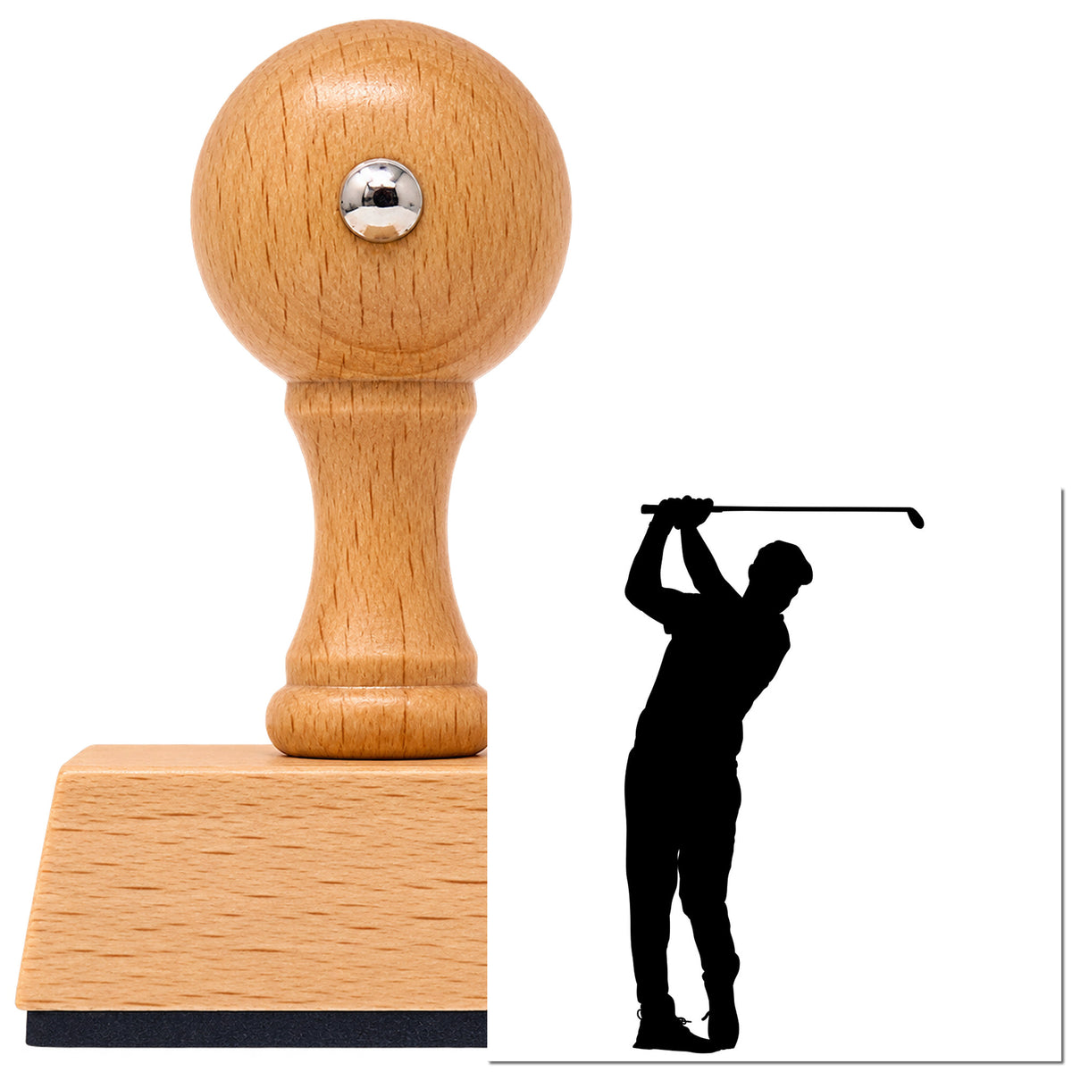 Overhead Club Golf Swing Vintage Pro rubber stamp in European beech wood with a round knob handle, shown beside its black imprint.