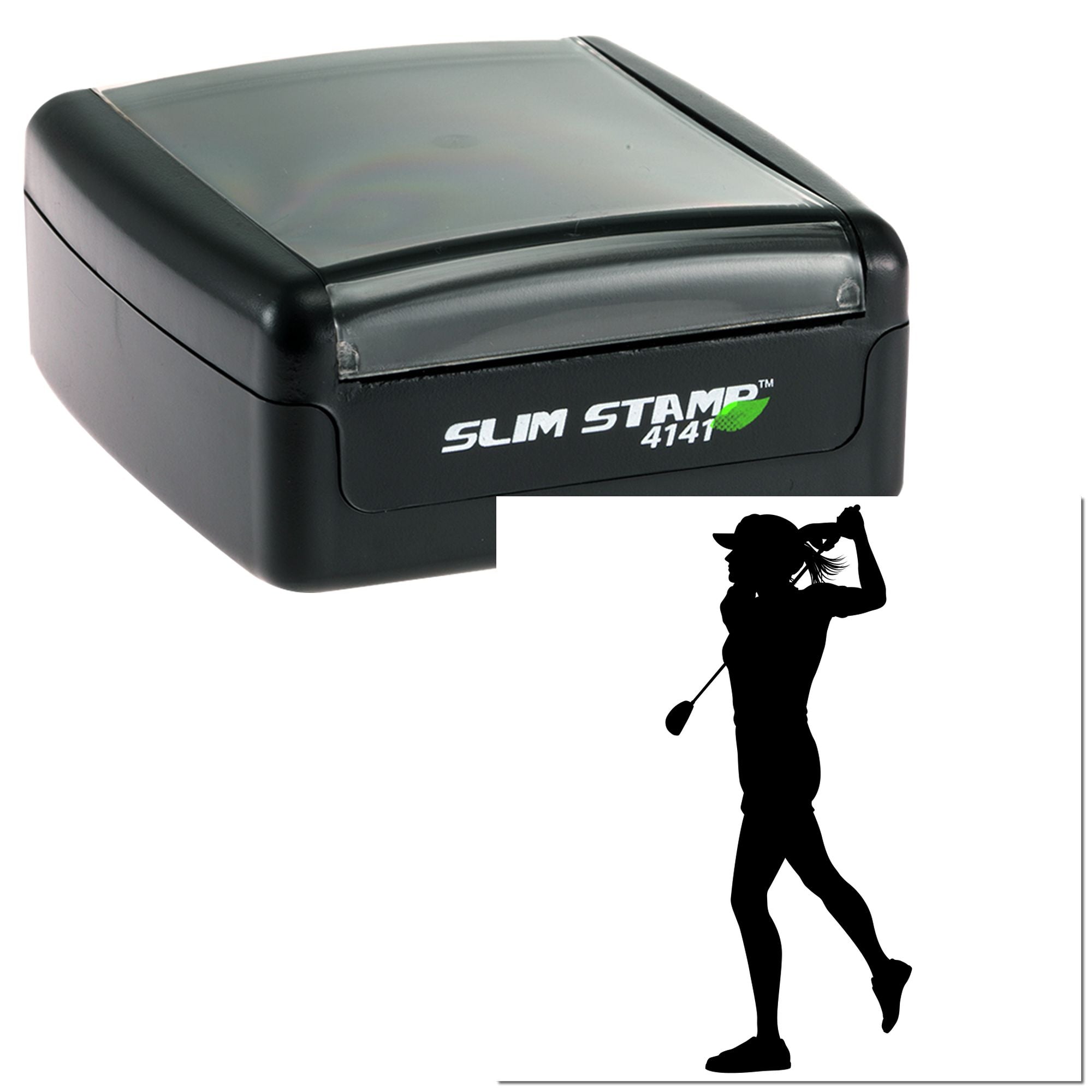 Slim Stamp 4141 self-inking rubber stamp with female golfer silhouette design for custom golf-themed impressions.