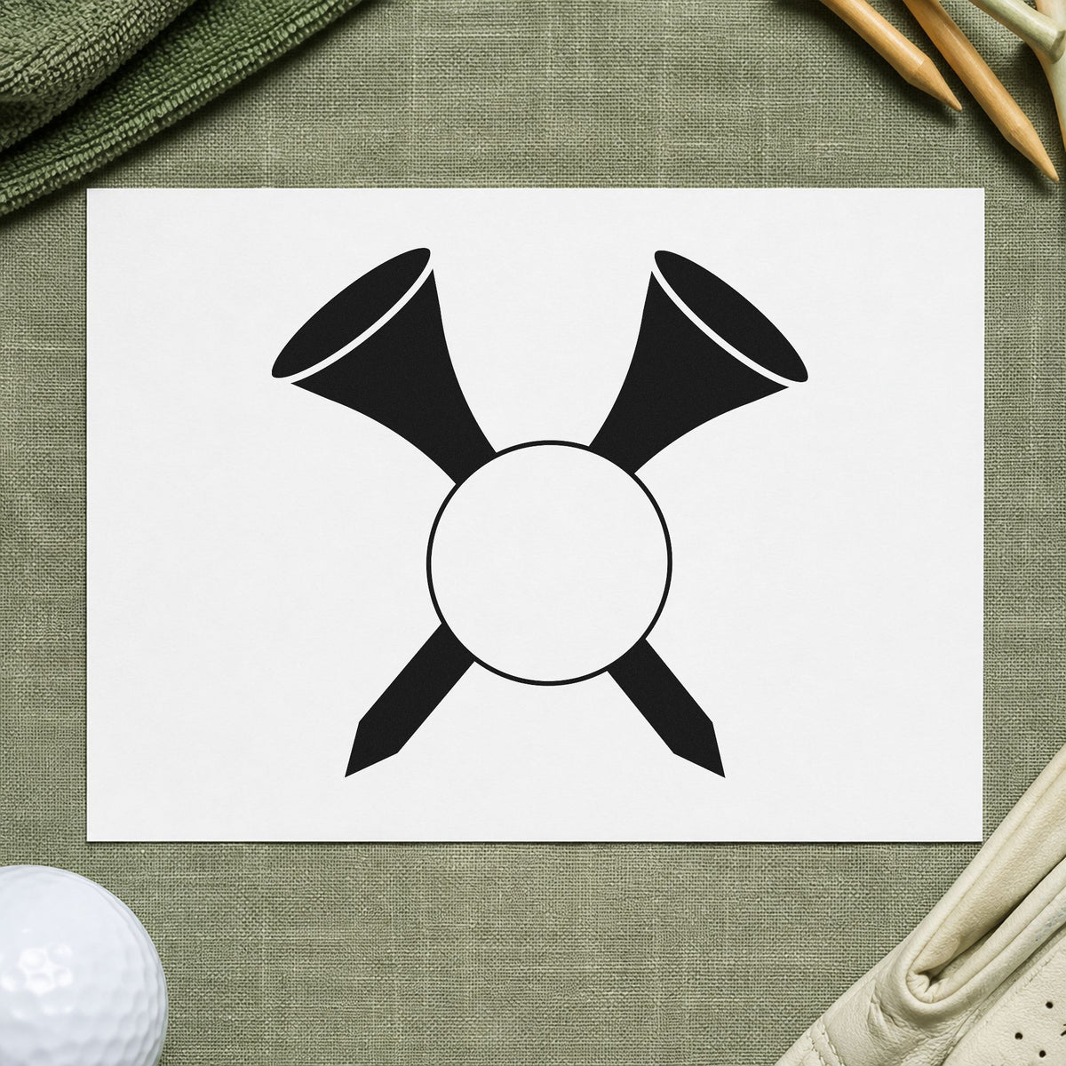Crossed Golf Tees Ball craft stamp in black ink on cardstock, an easy option for turning album page.