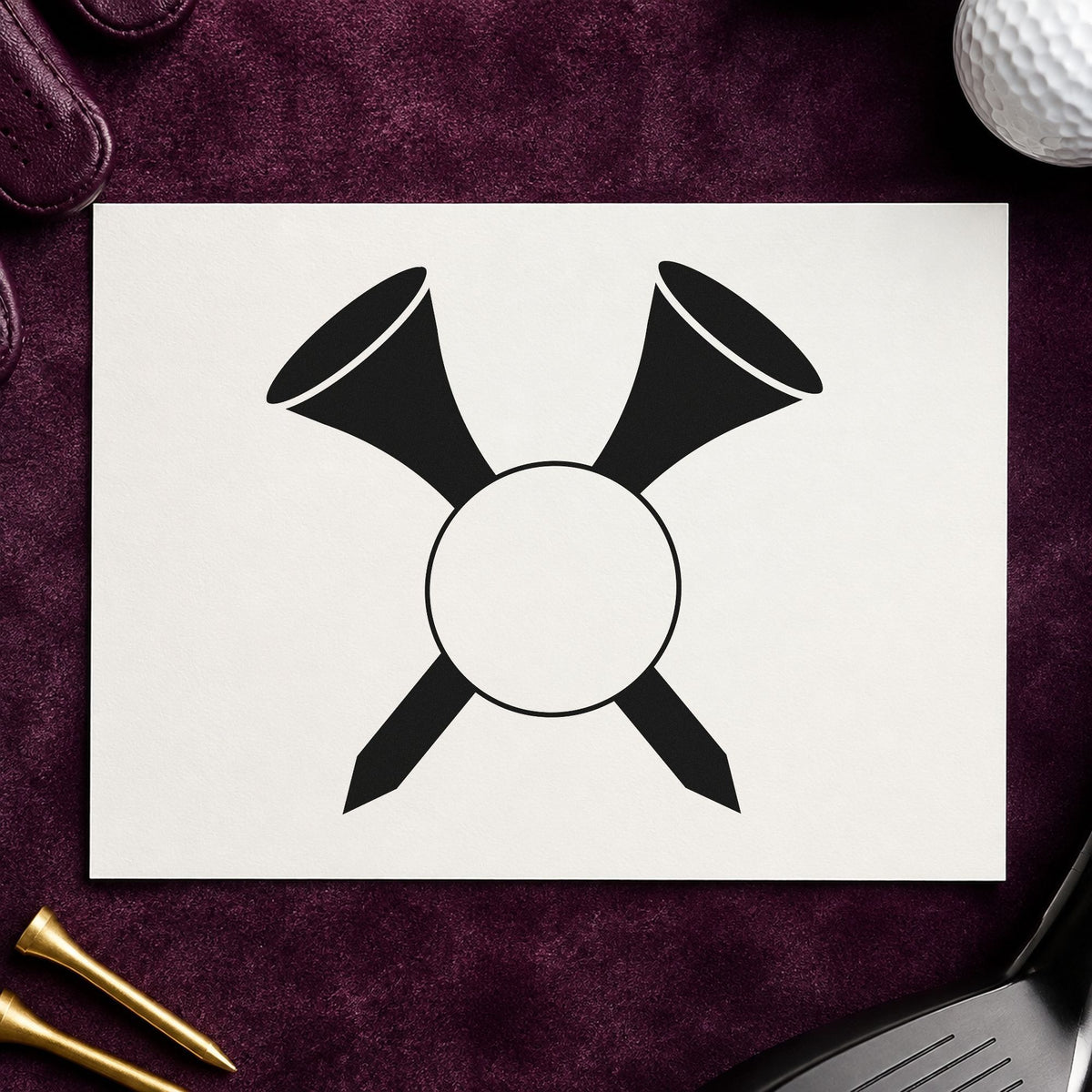 Crossed Golf Tees Ball craft stamp imprint in black ink on a handmade project, one idea being tee box gift tags.