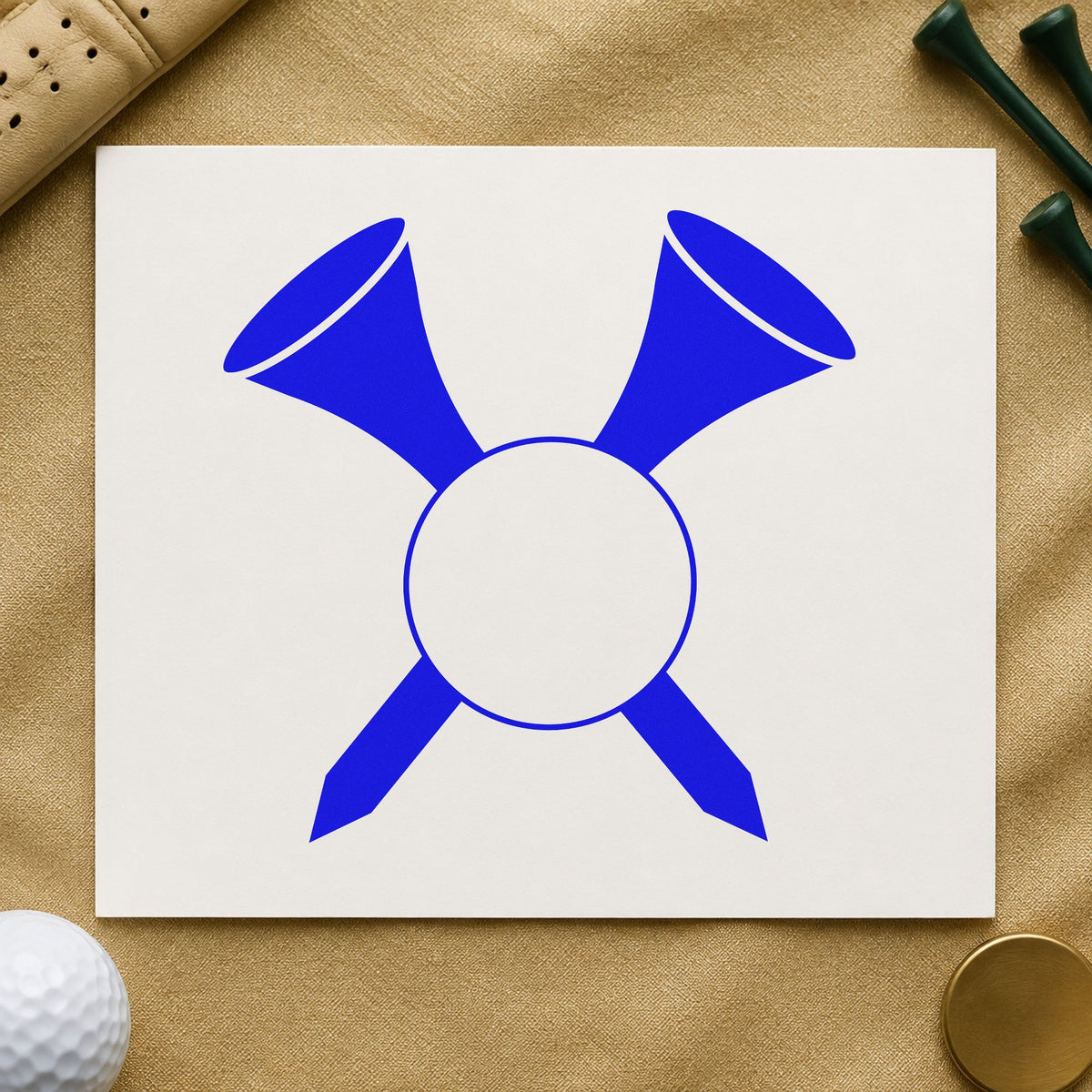 Crossed Golf Tees Ball craft stamp in blue ink on cardstock, an easy option for bench cloth printing.