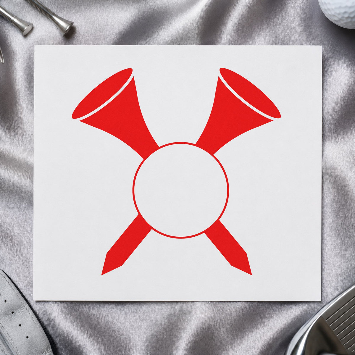 Crossed Golf Tees Ball rubber stamp shown in red ink, stamped for projects such as bin blank labels.
