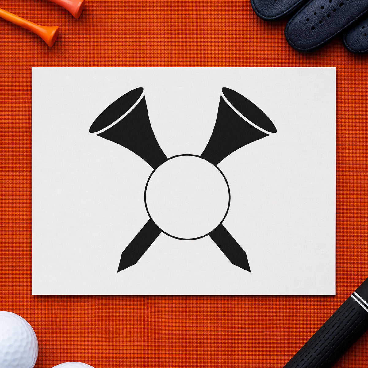 Crossed Golf Tees Ball rubber stamp printed in black ink, ready for crossed tee cards and similar paper crafts.