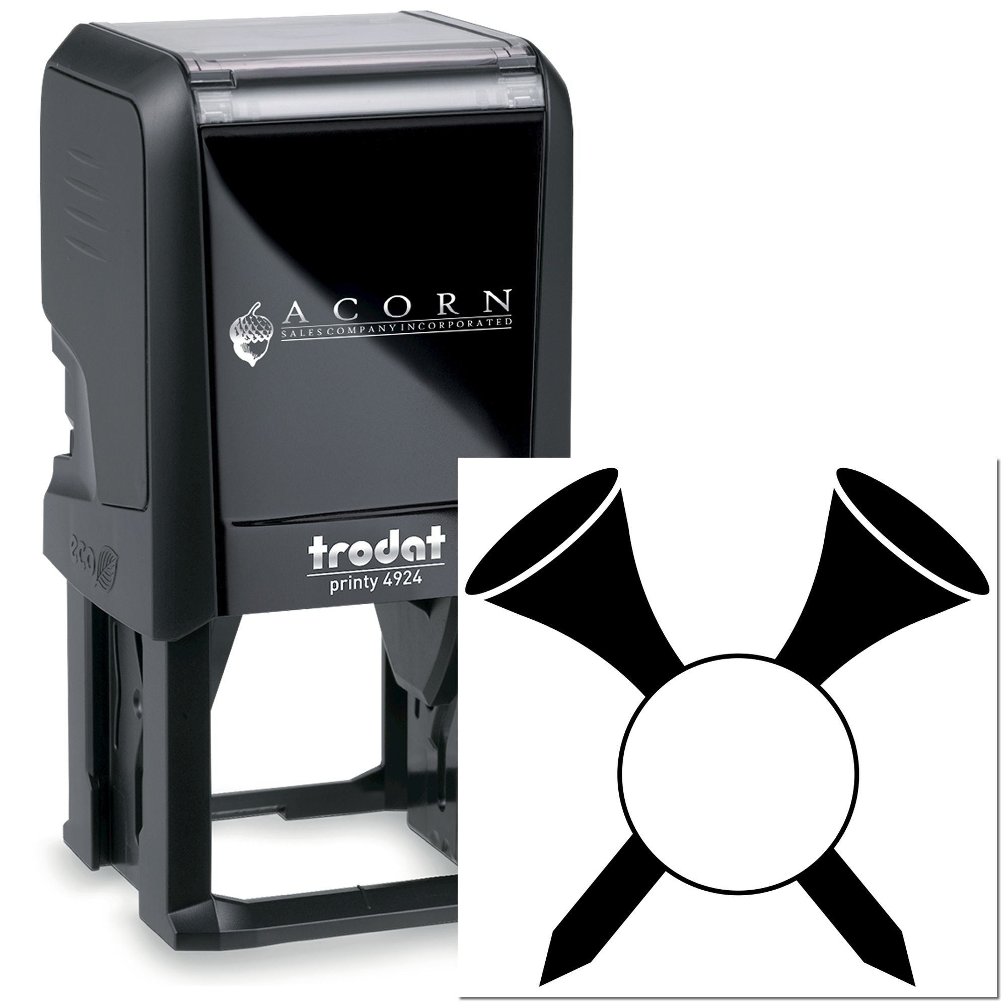 Custom Trodat Printy 4924 self-inking rubber stamp with logo imprint for business branding and office use.