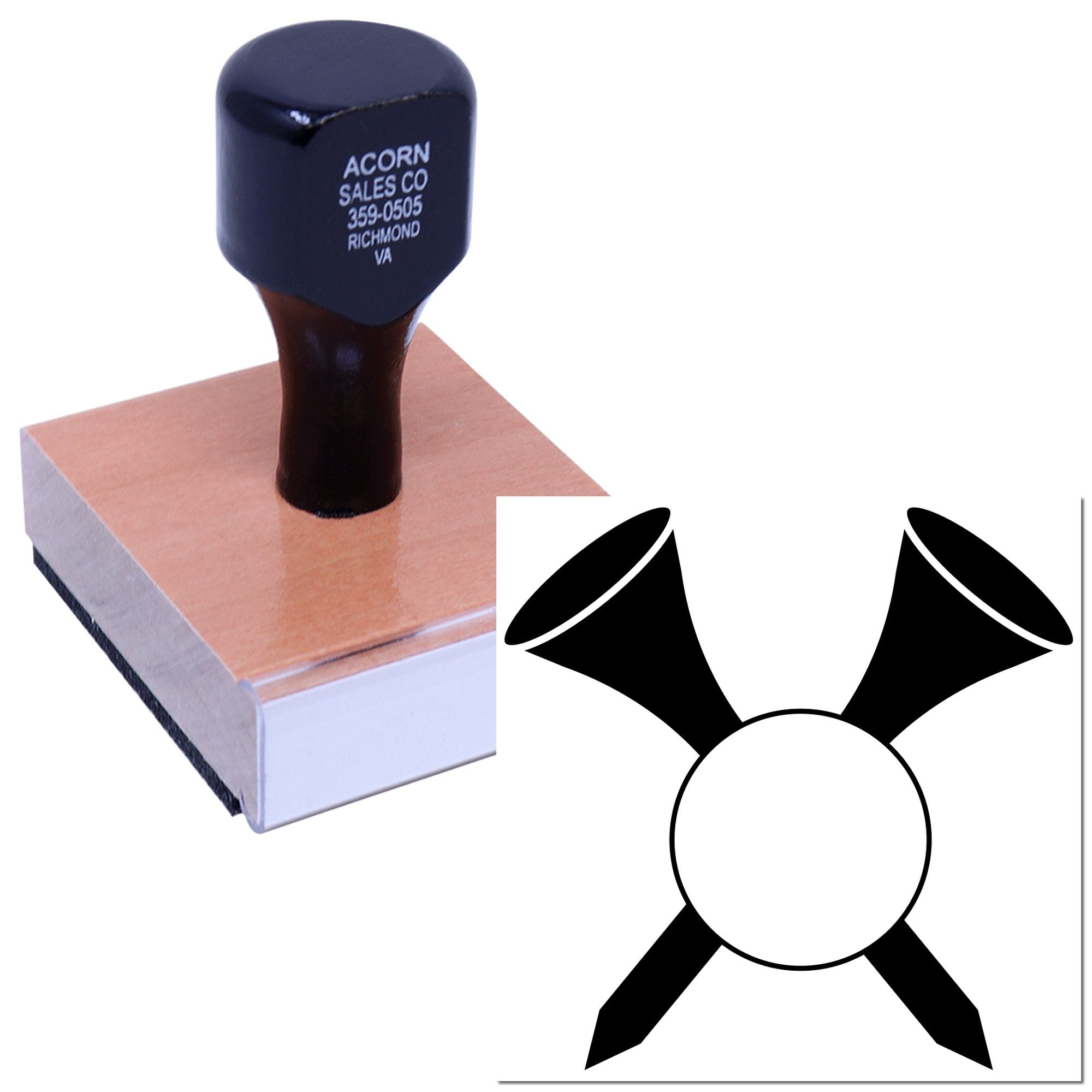 Custom business rubber stamp with company name and address imprint on square wood mount