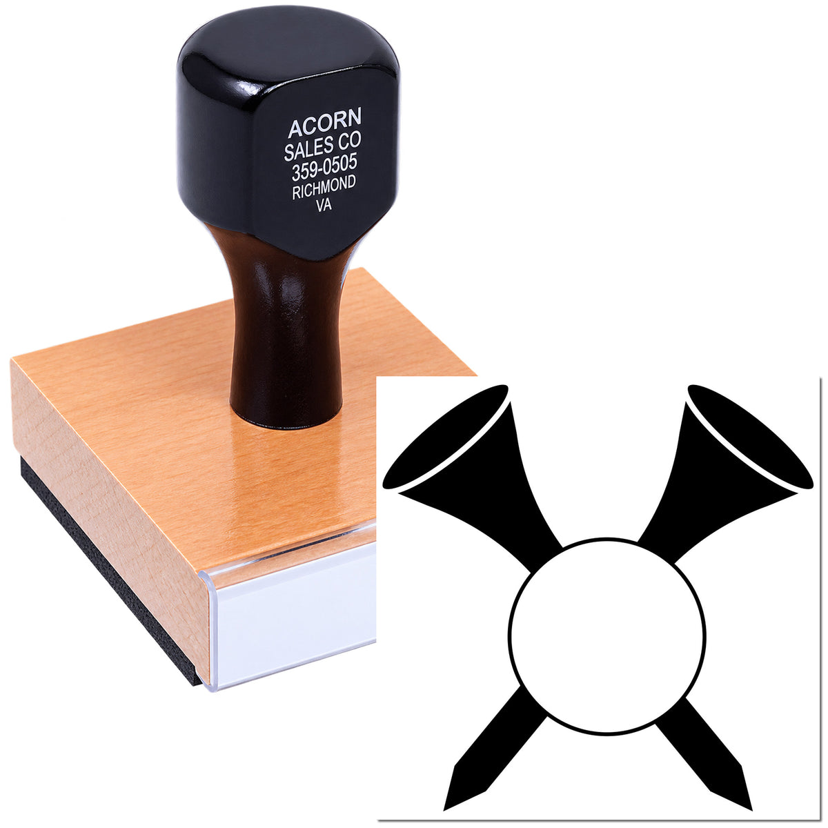 Custom business rubber stamp with company name and address imprint on square wood mount