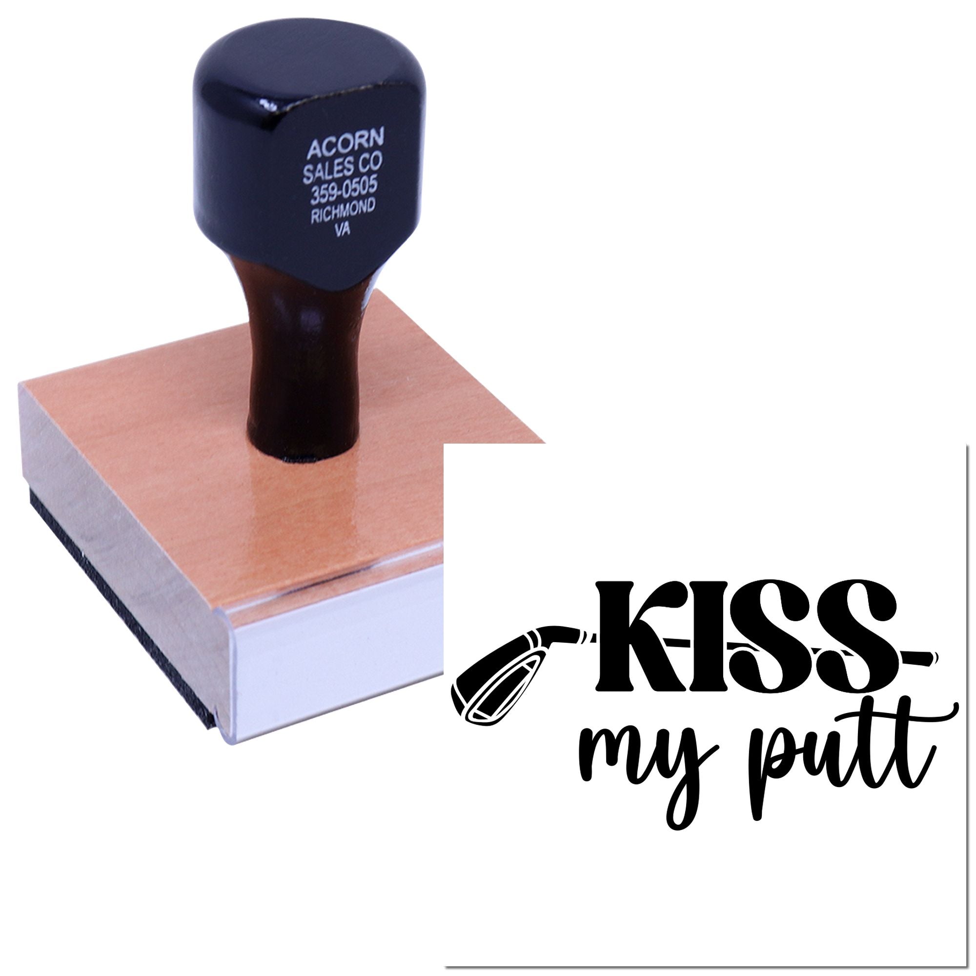 Custom rubber stamp with Kiss My Putt golf pun, shown stamped on a block for personalized DIY crafts.