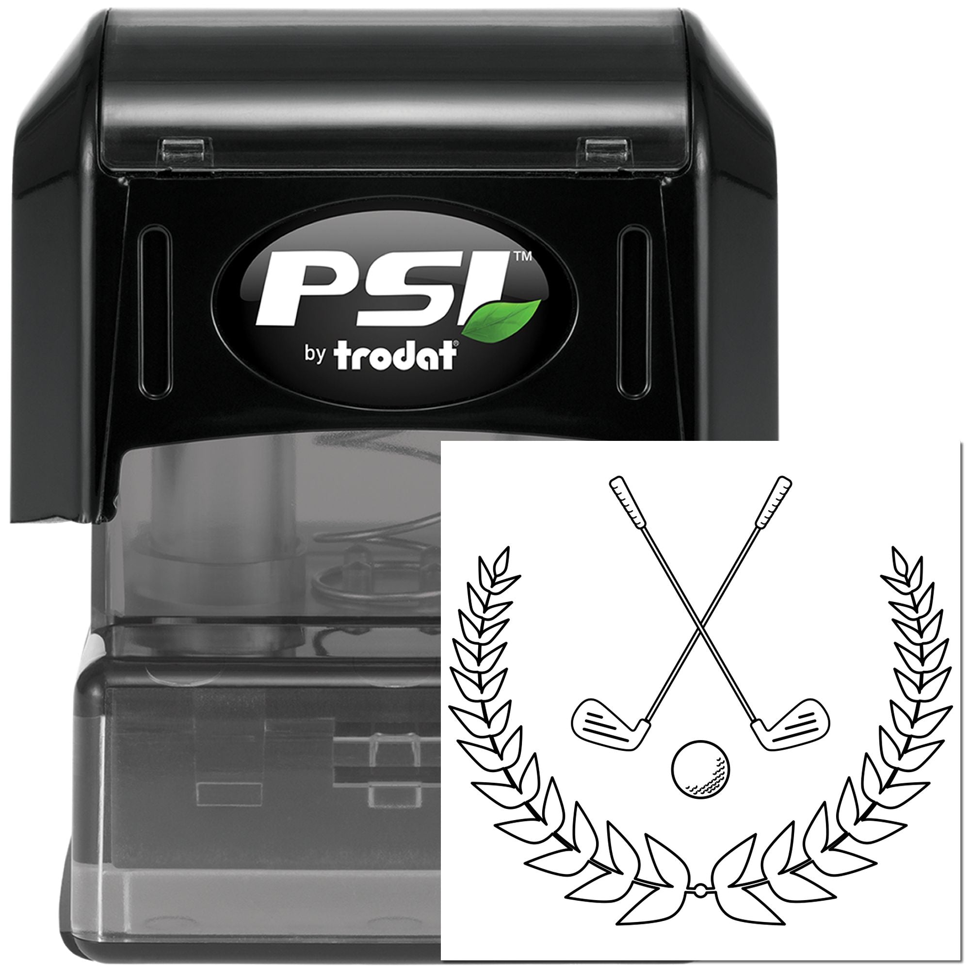 PSI by Trodat self-inking rubber stamp with golf laurel design, ideal for custom sports branding and event use