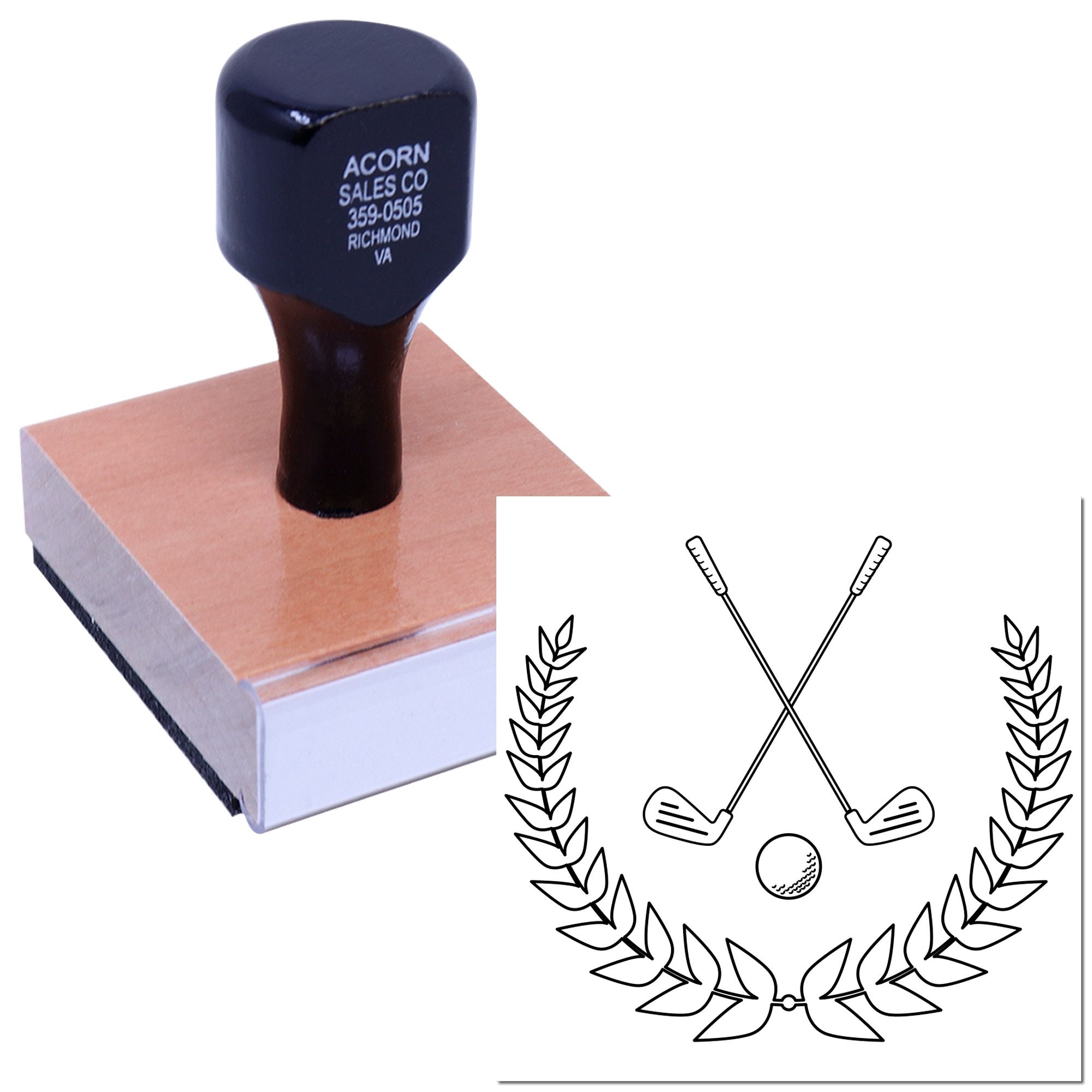 Rubber stamp with golf clubs and laurel wreath design for custom sports logos and golf club branding.