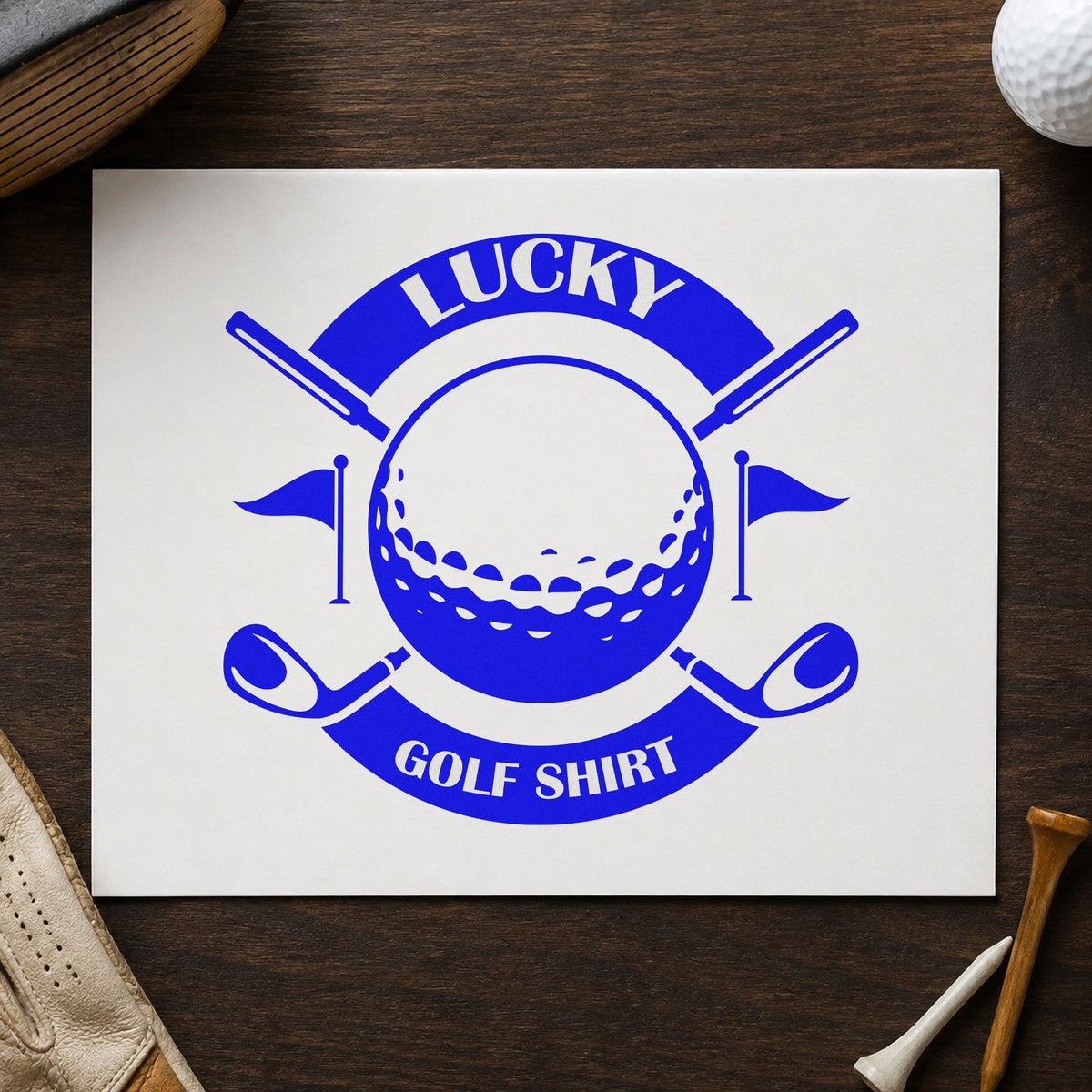 Lucky Golf Shirt Badge craft stamp imprinted in blue ink on paper, a design suited to framed wardrobe door.