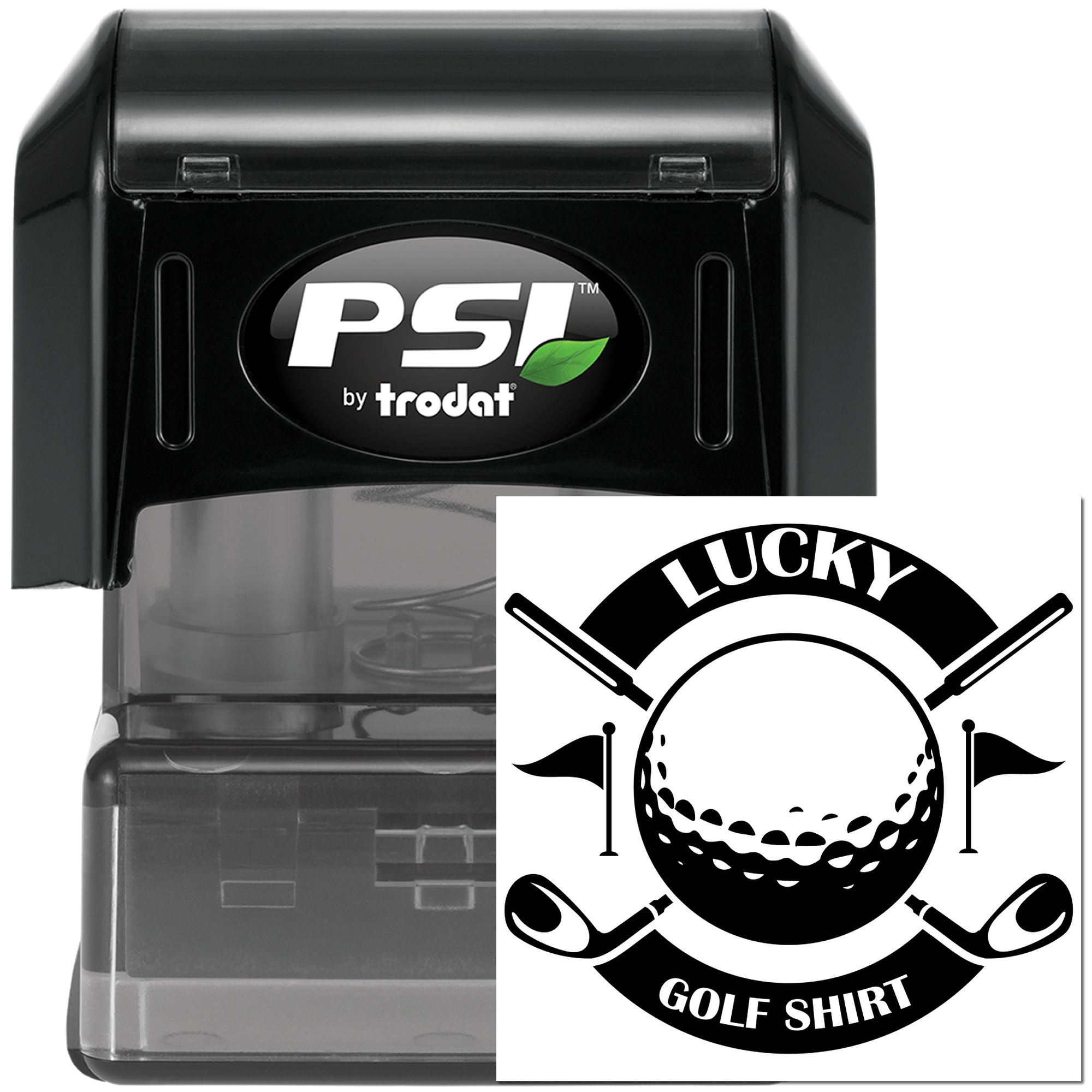 PSI by Trodat self-inking rubber stamp with custom Lucky Golf Shirt golf design for personalized golf gifts and apparel.