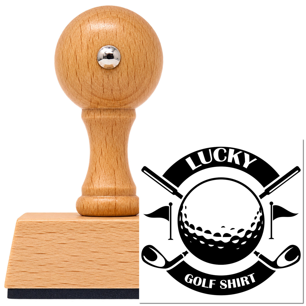 Lucky Golf Shirt Vintage Pro rubber stamp in European beech wood with a round knob handle, shown beside its black imprint.