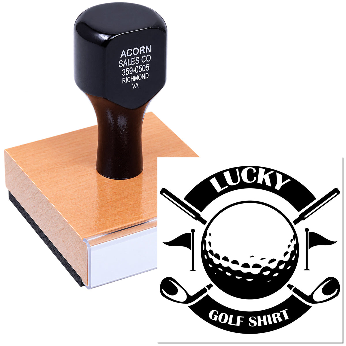 Custom rubber stamp for Lucky Golf Shirt logo, featuring golf ball and clubs for branding apparel and promotional items.