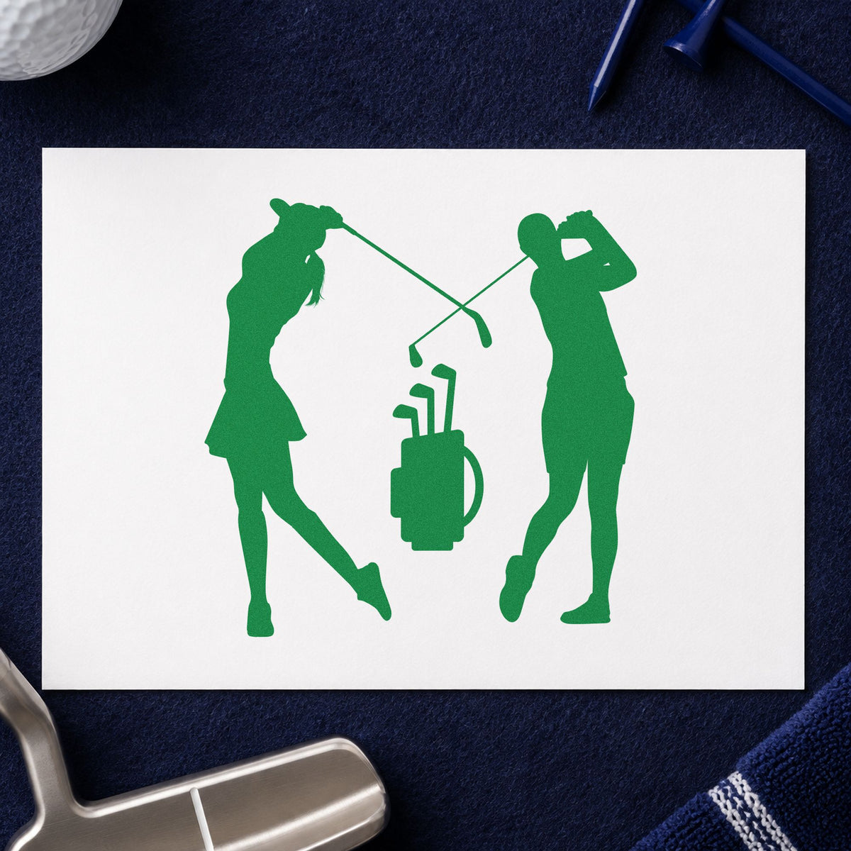 Two Golfers And Bag craft stamp in green ink on cardstock, an easy option for pair event album page.
