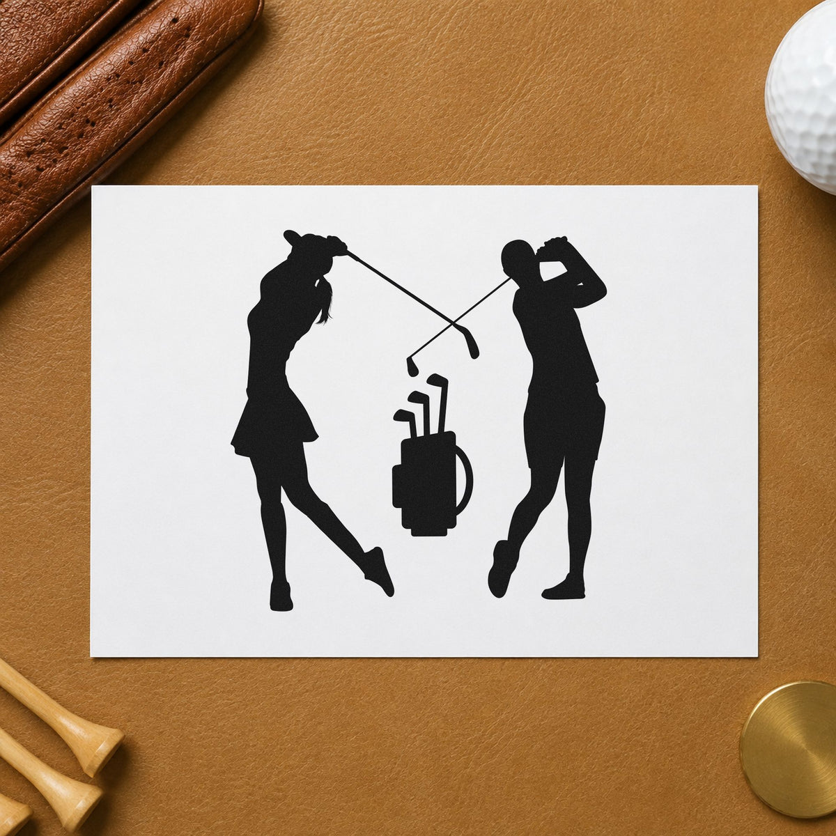 Two Golfers And Bag craft stamp imprint in black ink on a handmade project, one idea being matching kit tags.