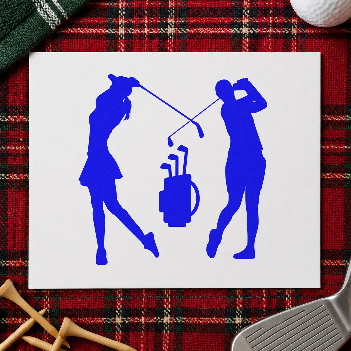 Two Golfers And Bag craft stamp imprinted in blue ink on paper, a design suited to framed hall corner.