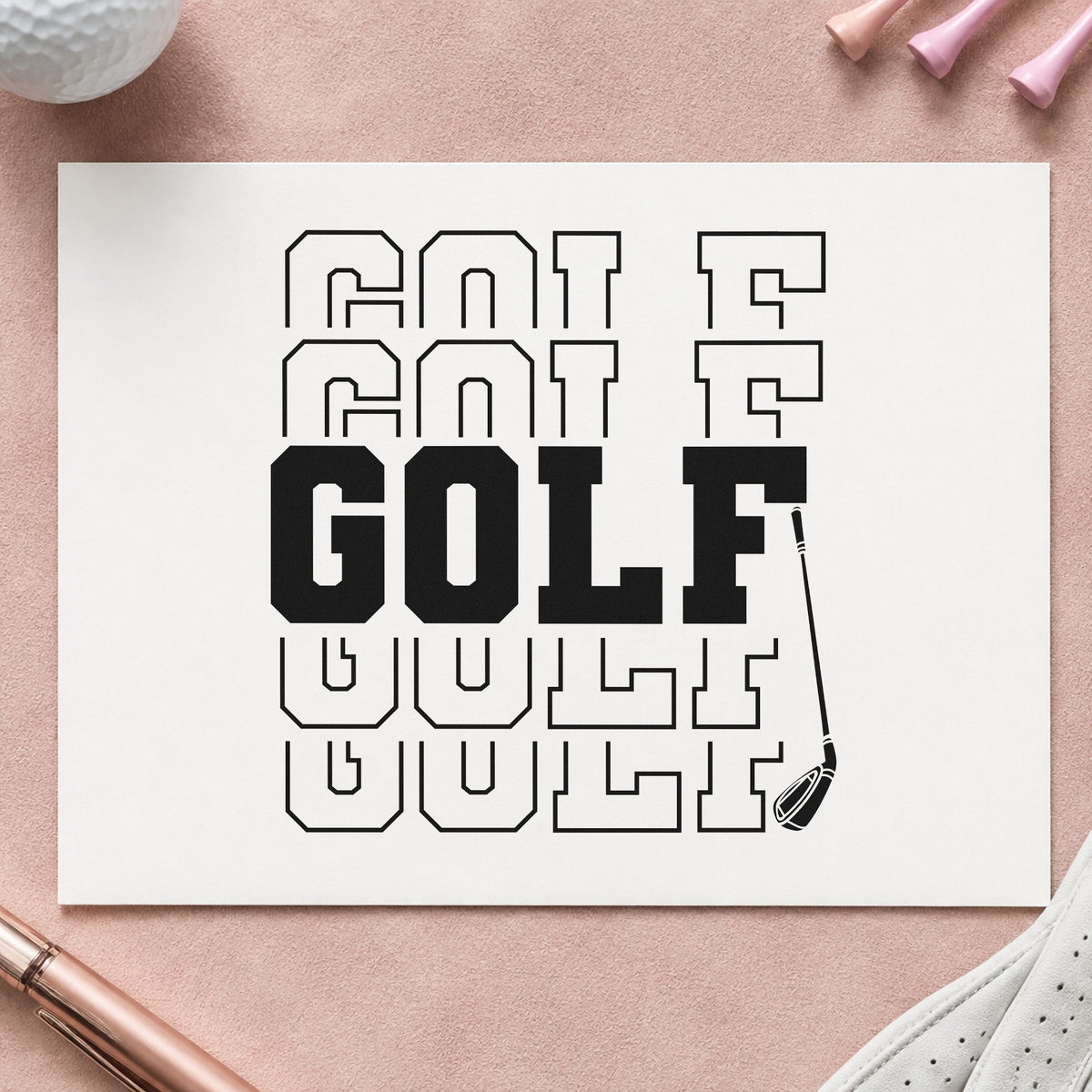 Repeated Golf Block Lettering rubber stamp printed in black ink, ready for stacked row cards and similar paper crafts.